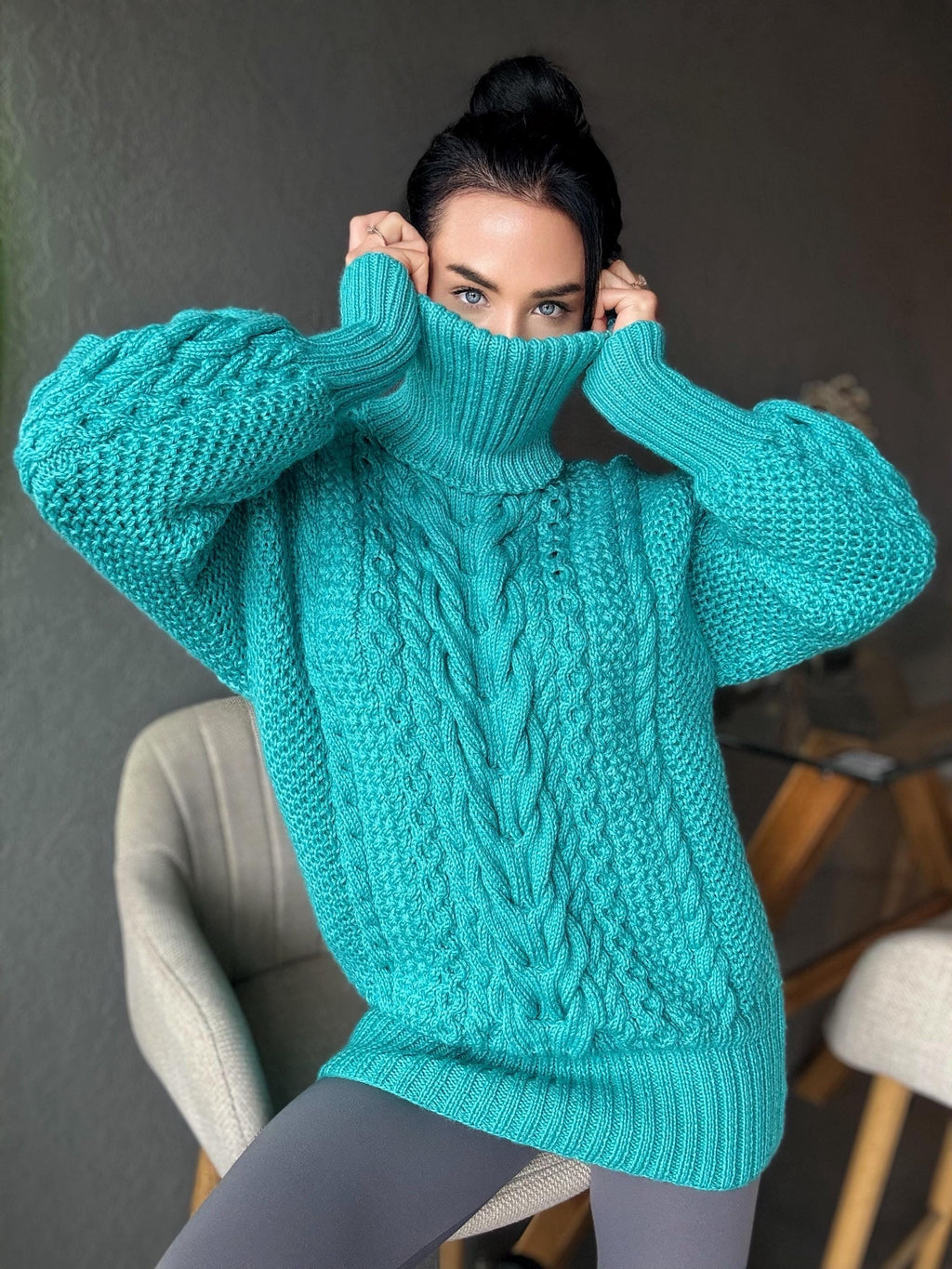 Aran long oversiz emerald big hand knit wool sweater dress Turtleneck green blue cable knit women Сhunky knit sweater High collar Clamp