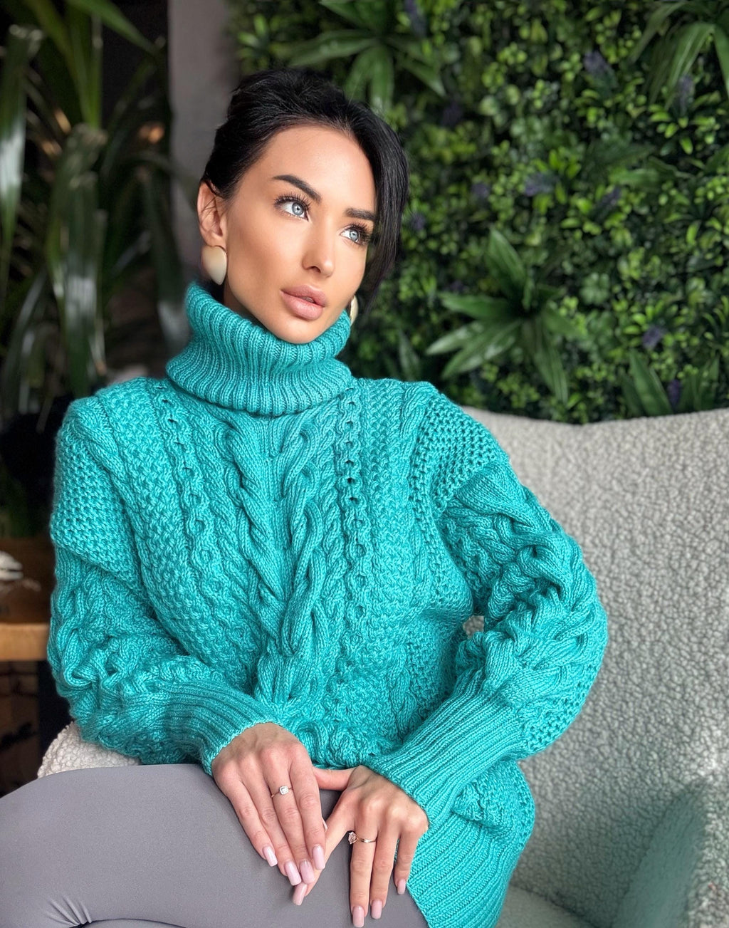 Aran long oversiz emerald big hand knit wool sweater dress Turtleneck green blue cable knit women Сhunky knit sweater High collar Clamp