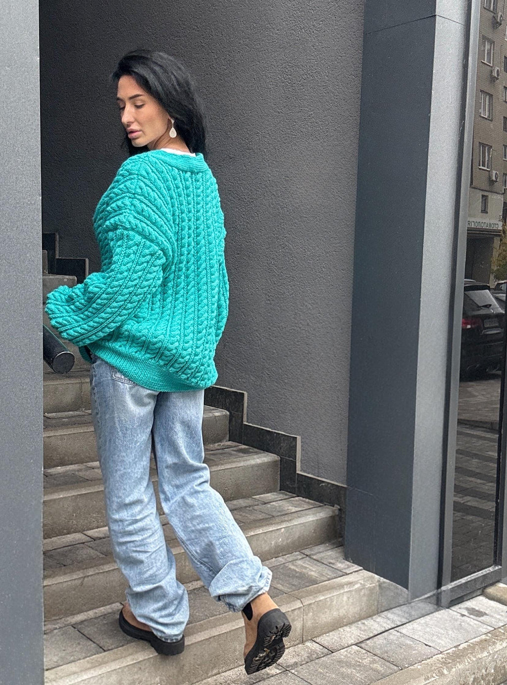 Handmade aran wool knit unisex cardigan on buttons Braided sweater Cable knit cardigan cozy long cardigan V collar blue crochet cardigan