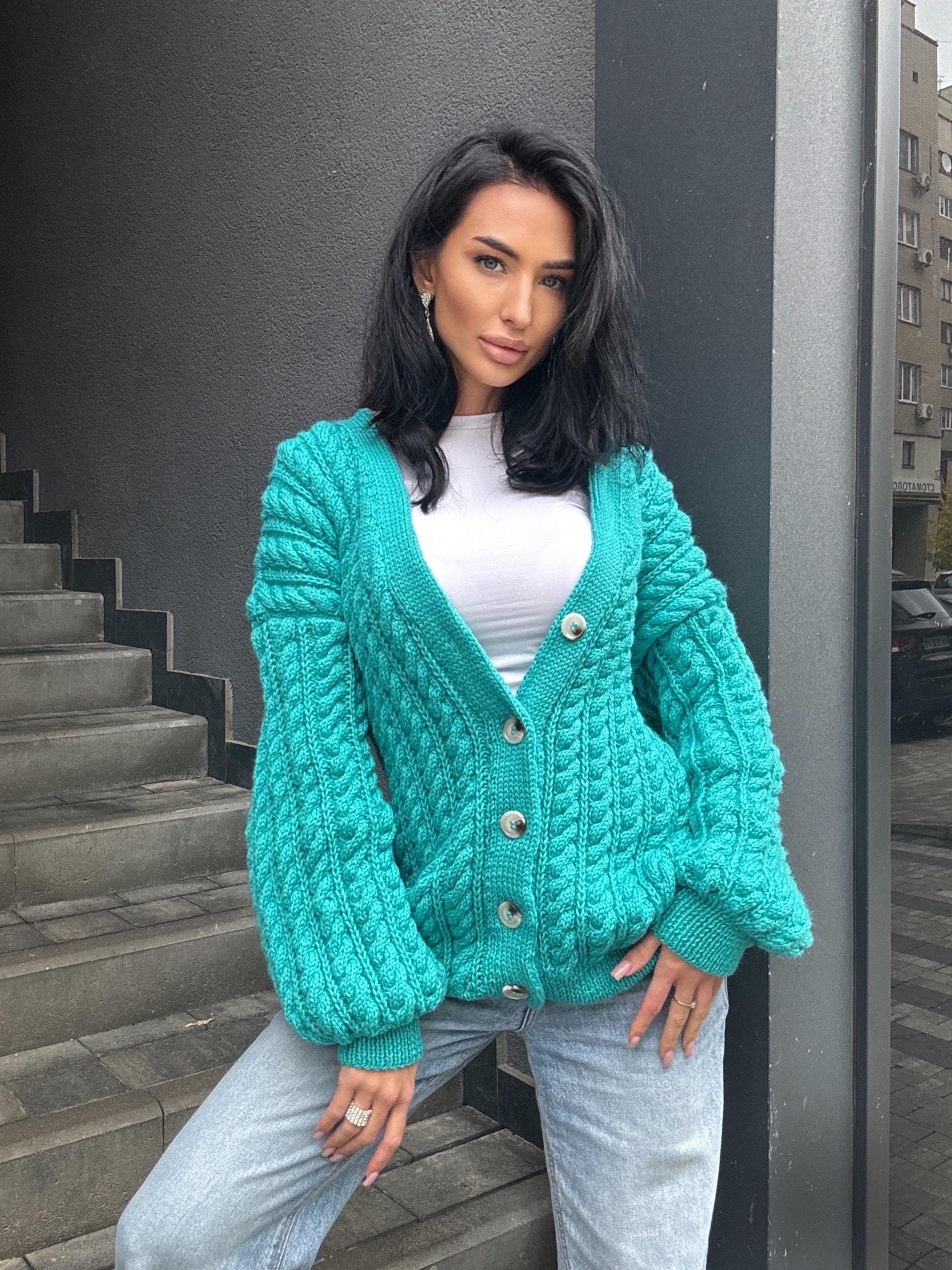 Handmade aran wool knit unisex cardigan on buttons Braided sweater Cable knit cardigan cozy long cardigan V collar blue crochet cardigan