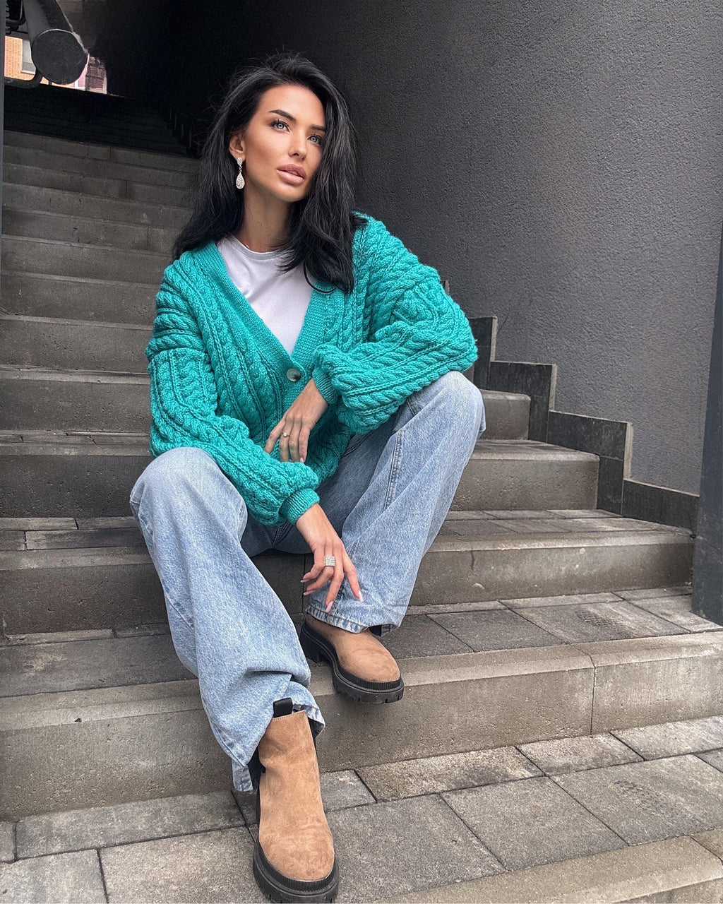 Handmade aran wool knit unisex cardigan on buttons Braided sweater Cable knit cardigan cozy long cardigan V collar blue crochet cardigan
