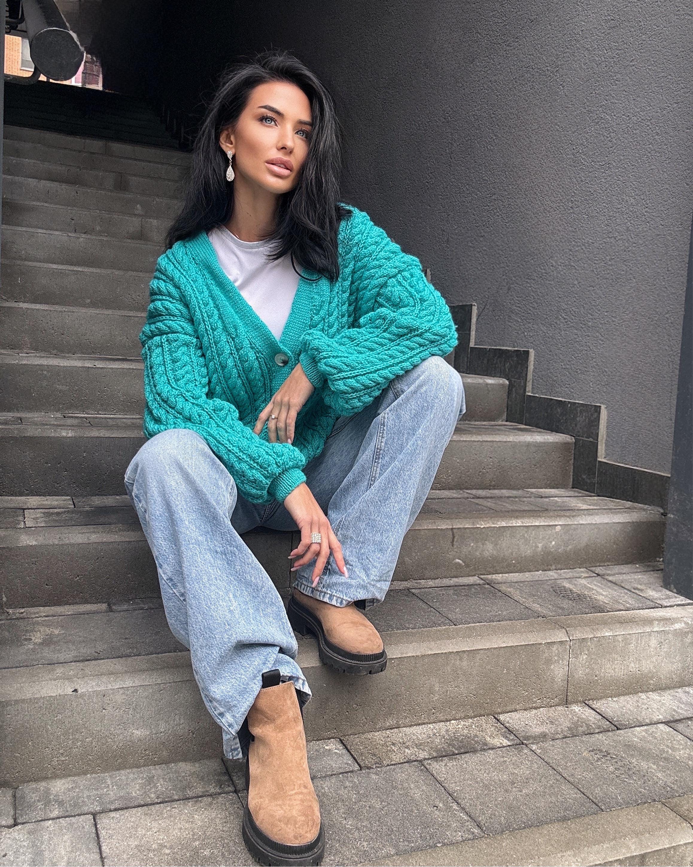 Handmade aran wool knit unisex cardigan on buttons Braided sweater Cable knit cardigan cozy long cardigan V collar blue crochet cardigan