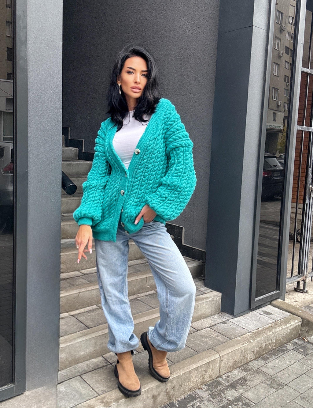 Handmade aran wool knit unisex cardigan on buttons Braided sweater Cable knit cardigan cozy long cardigan V collar blue crochet cardigan