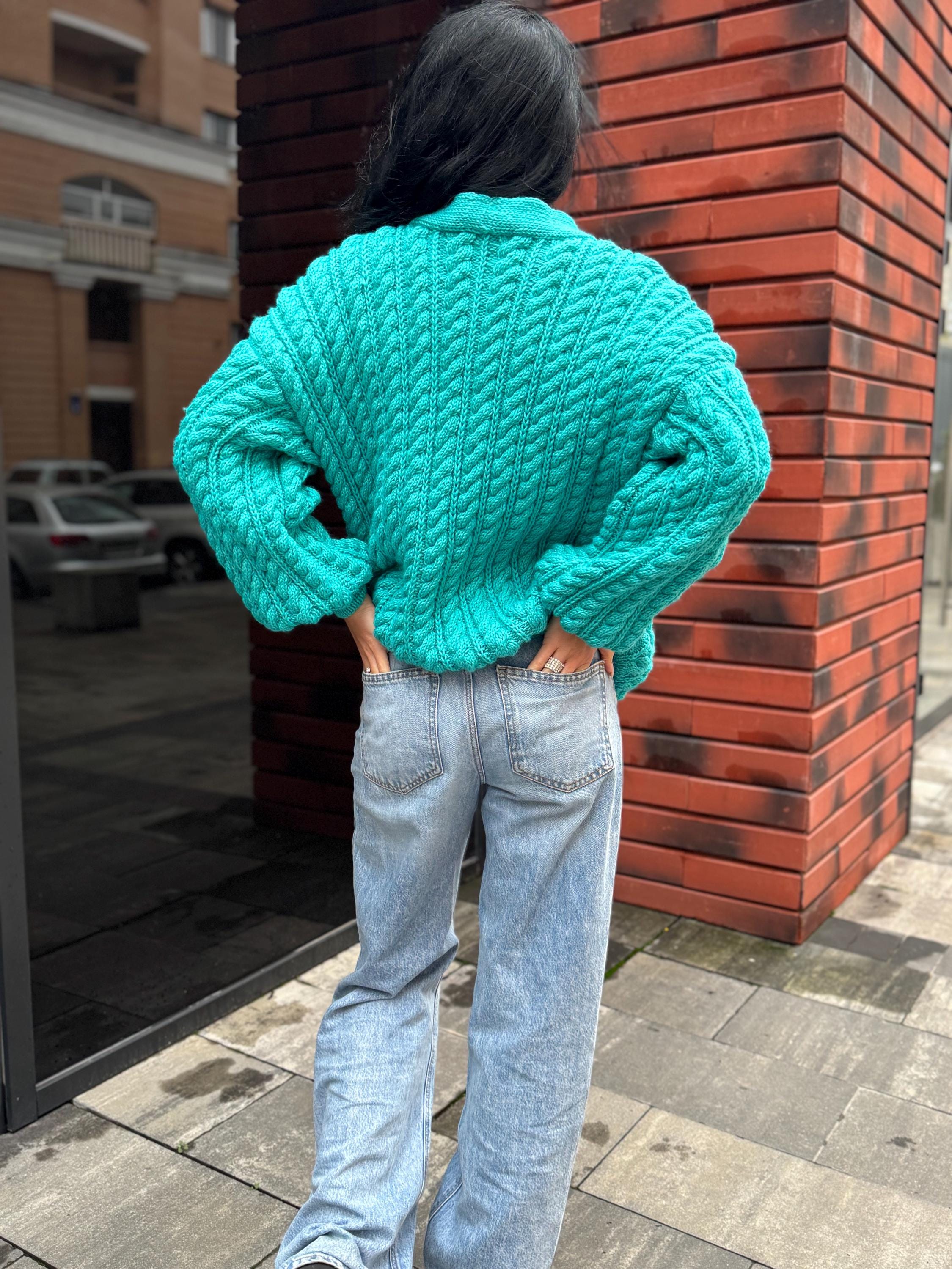 Handmade aran wool knit unisex cardigan on buttons Braided sweater Cable knit cardigan cozy long cardigan V collar blue crochet cardigan