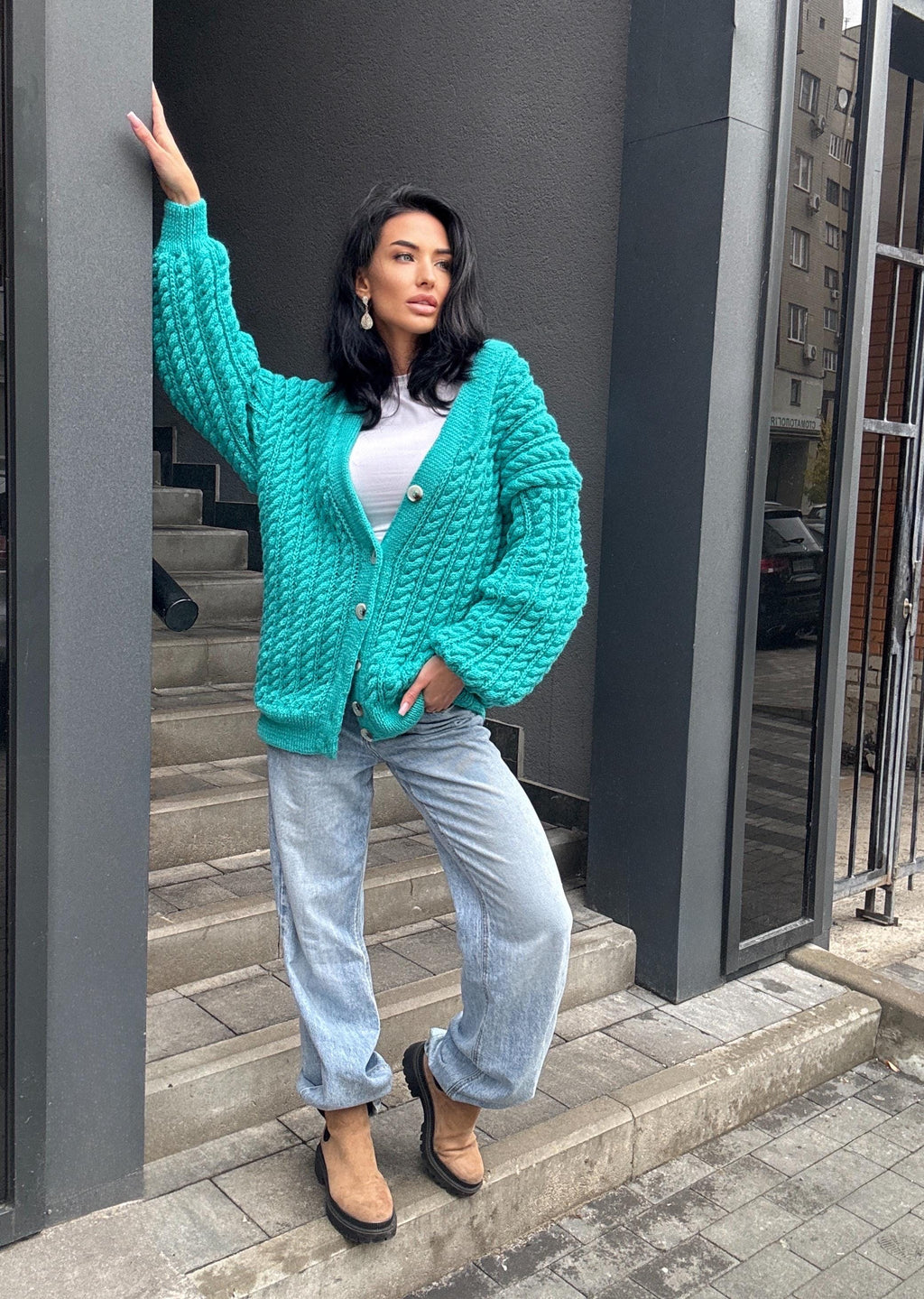 Handmade aran wool knit unisex cardigan on buttons Braided sweater Cable knit cardigan cozy long cardigan V collar blue crochet cardigan