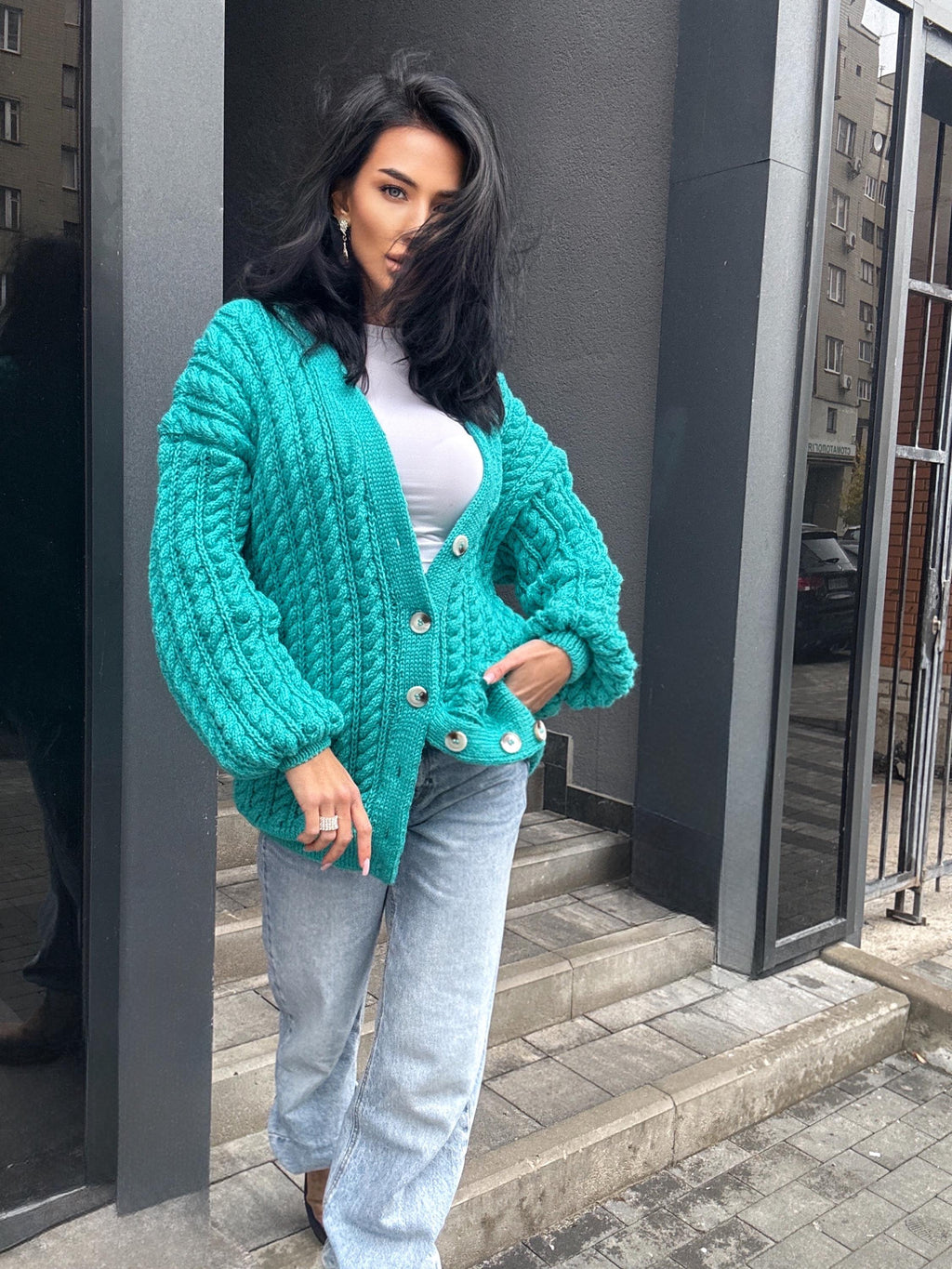 Handmade aran wool knit unisex cardigan on buttons Braided sweater Cable knit cardigan cozy long cardigan V collar blue crochet cardigan