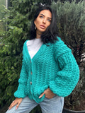 Handmade aran wool knit unisex cardigan on buttons Braided sweater Cable knit cardigan cozy long cardigan V collar blue crochet cardigan
