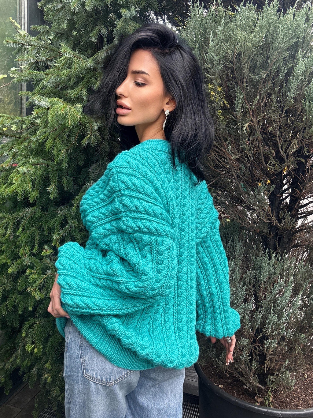 Handmade aran wool knit unisex cardigan on buttons Braided sweater Cable knit cardigan cozy long cardigan V collar blue crochet cardigan