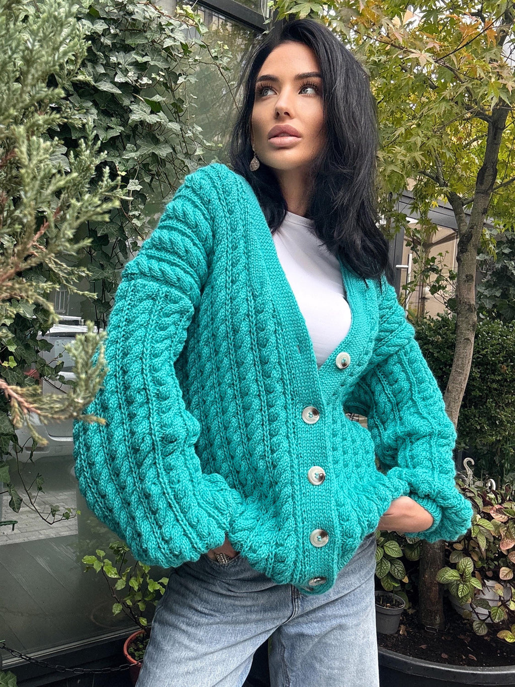 Handmade aran wool knit unisex cardigan on buttons Braided sweater Cable knit cardigan cozy long cardigan V collar blue crochet cardigan