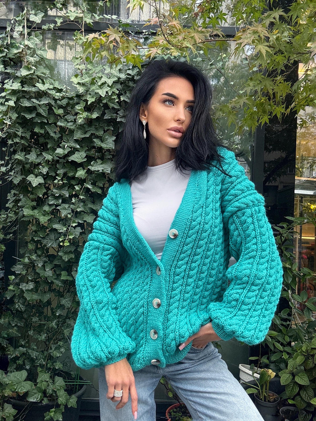 Handmade aran wool knit unisex cardigan on buttons Braided sweater Cable knit cardigan cozy long cardigan V collar blue crochet cardigan