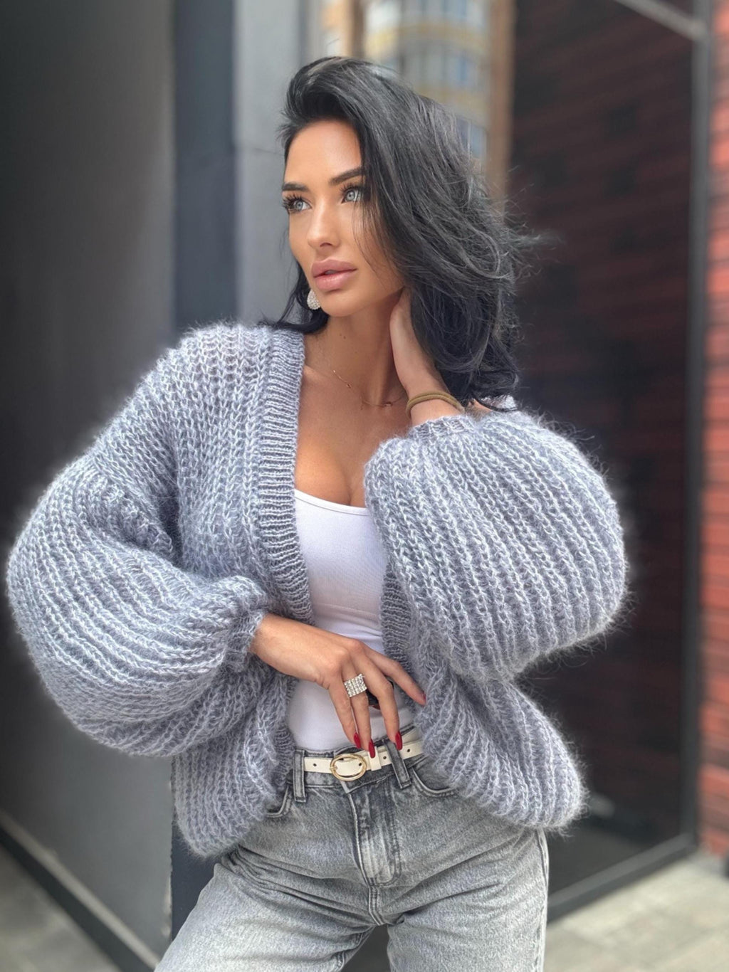Mohair Light gray cardigan women Wedding cardigan Mohair sweater Knitted coat Jacket Women Wool Fluffy short soft crop merino cardigan