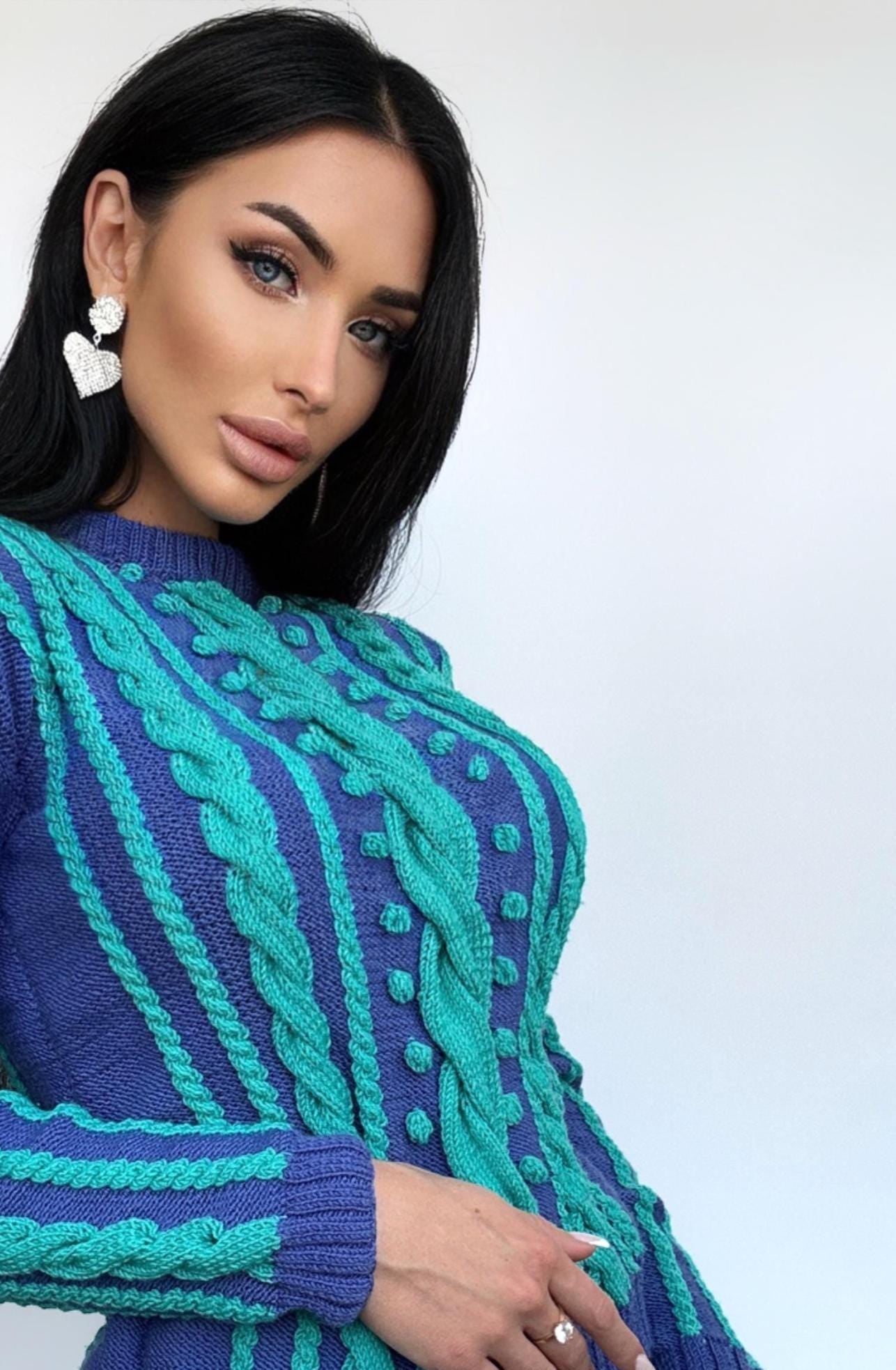 Merino wool hand knitted blue turquoise fall womens sweater Сable knit organic sustainable wool pullover Turtleneck Long narrow sleeves