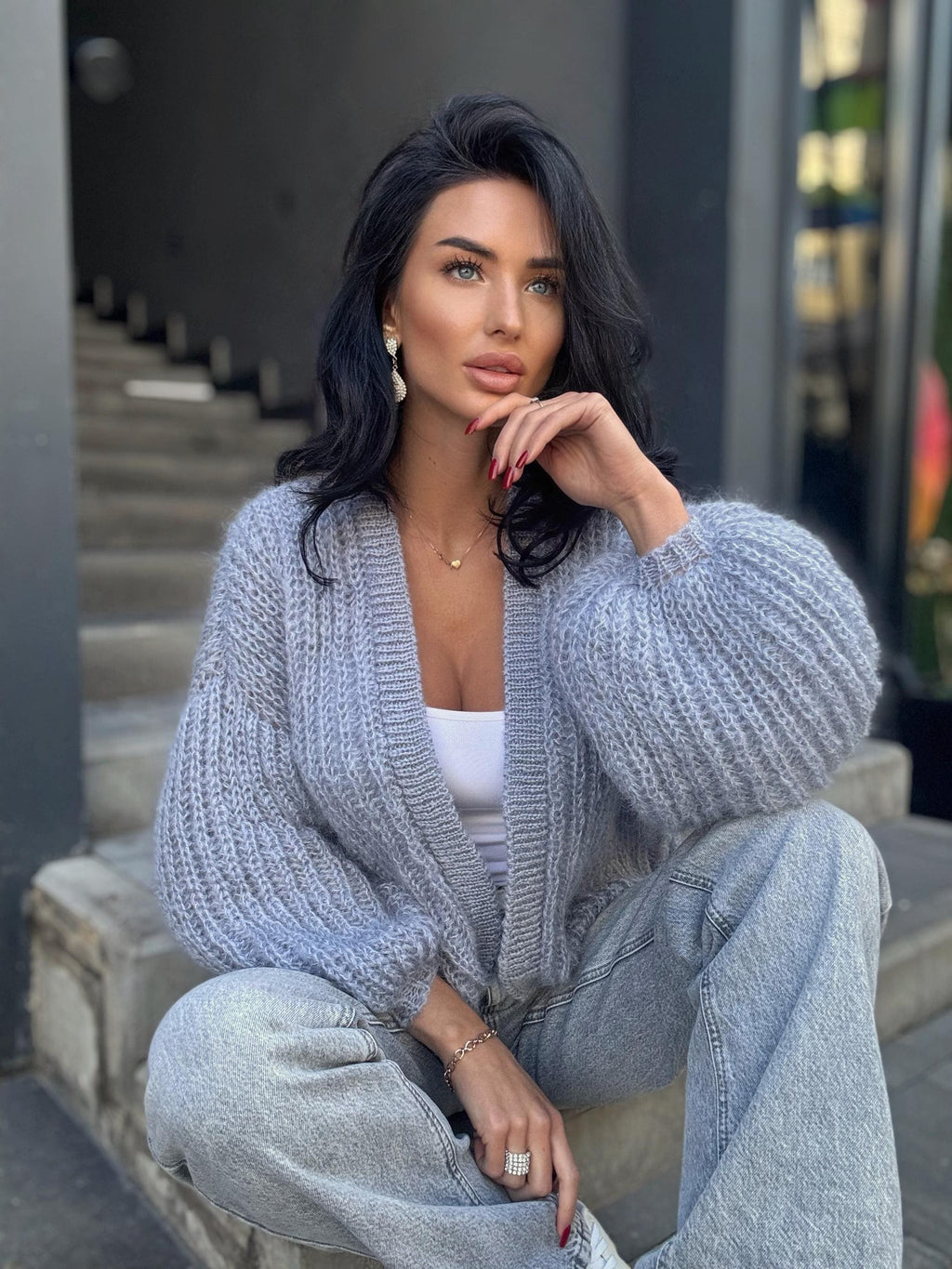 Mohair wool hand knit gray cardigan women Soft merino wool cropped cardigan Wedding cardigan Mohair sweater Knitted coat Jacket Wool Fluffy