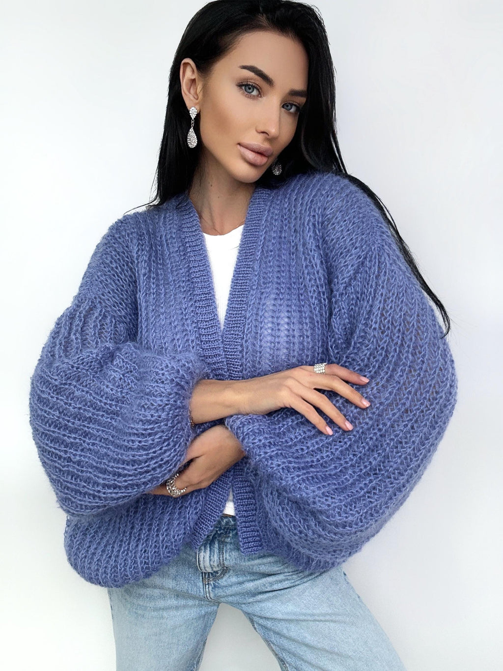 Mohair cardigan women Wedding cardigan Mohair sweater Blue Jeans knitted coat Jacket Women Bridal shrug bolero wool Fluffy short cardigan