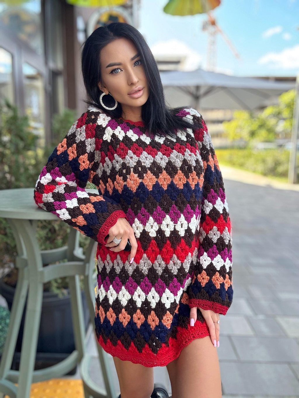 Crochet wool red white striped sweater dress Crochet afghan dress Boho crochet dress Colorful mini dress Vintage Dress Granny square dress
