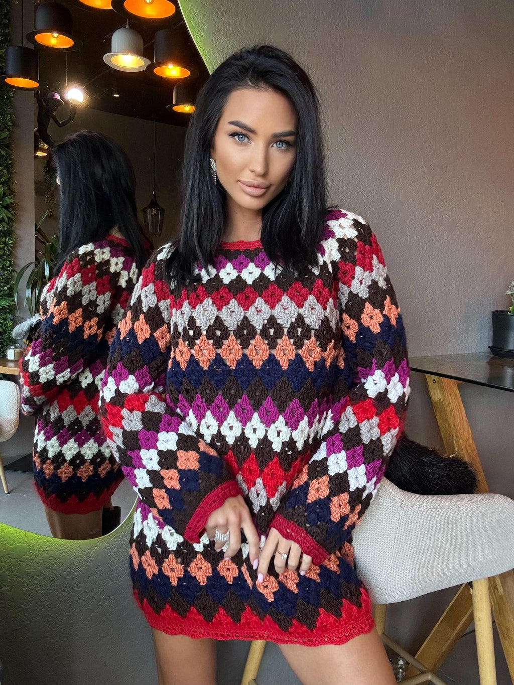 Crochet wool red white striped sweater dress Crochet afghan dress Boho crochet dress Colorful mini dress Vintage Dress Granny square dress