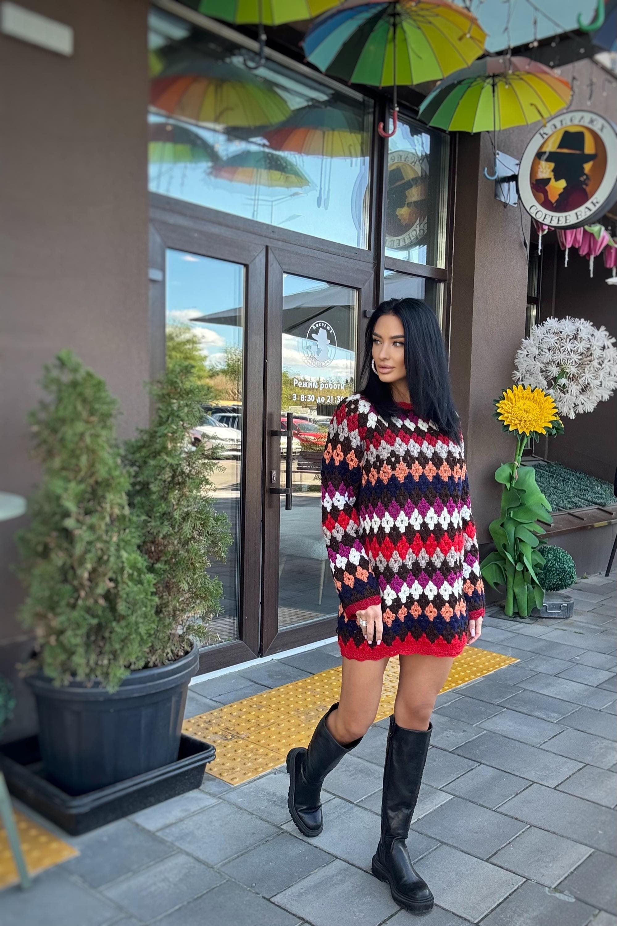 Crochet wool red white striped sweater dress Crochet afghan dress Boho crochet dress Colorful mini dress Vintage Dress Granny square dress
