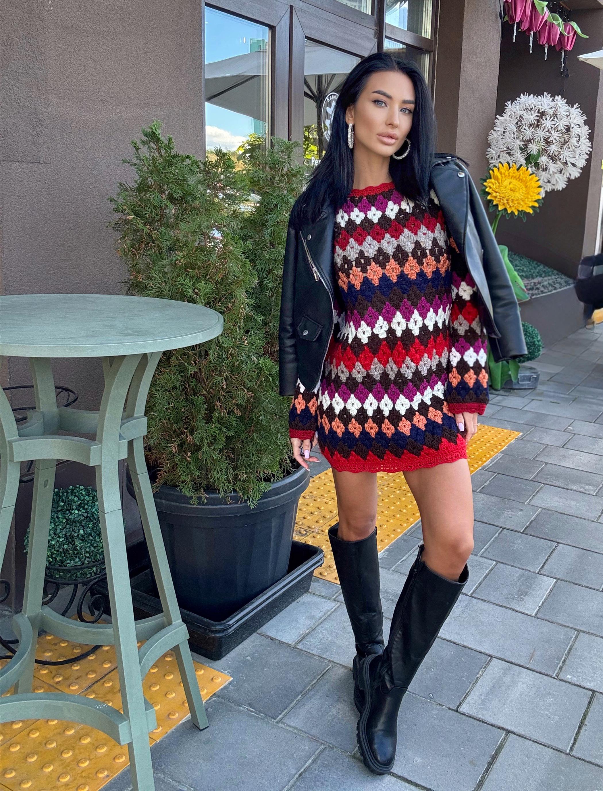 Crochet wool red white striped sweater dress Crochet afghan dress Boho crochet dress Colorful mini dress Vintage Dress Granny square dress