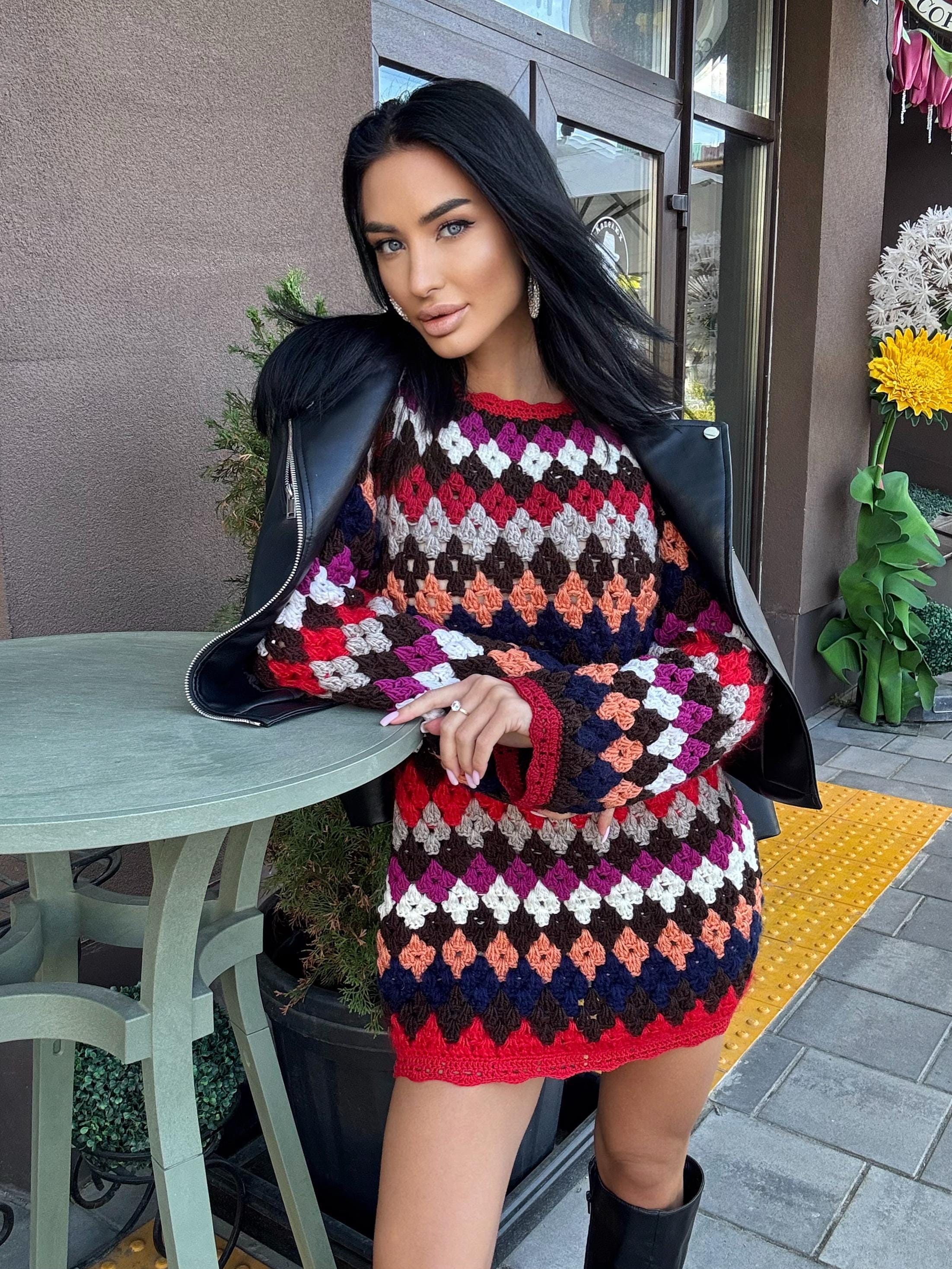 Crochet wool red white striped sweater dress Crochet afghan dress Boho crochet dress Colorful mini dress Vintage Dress Granny square dress