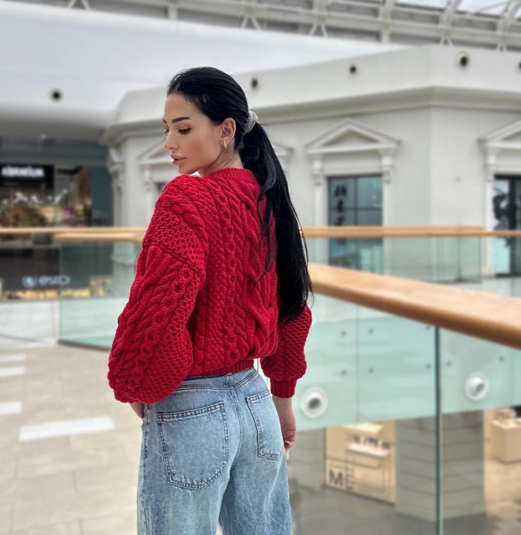 Merino wool red burgundy hand knit braids sweater women Chinky knit oversize jumper Cable Loose knit Oversized Womens Christmas pullover