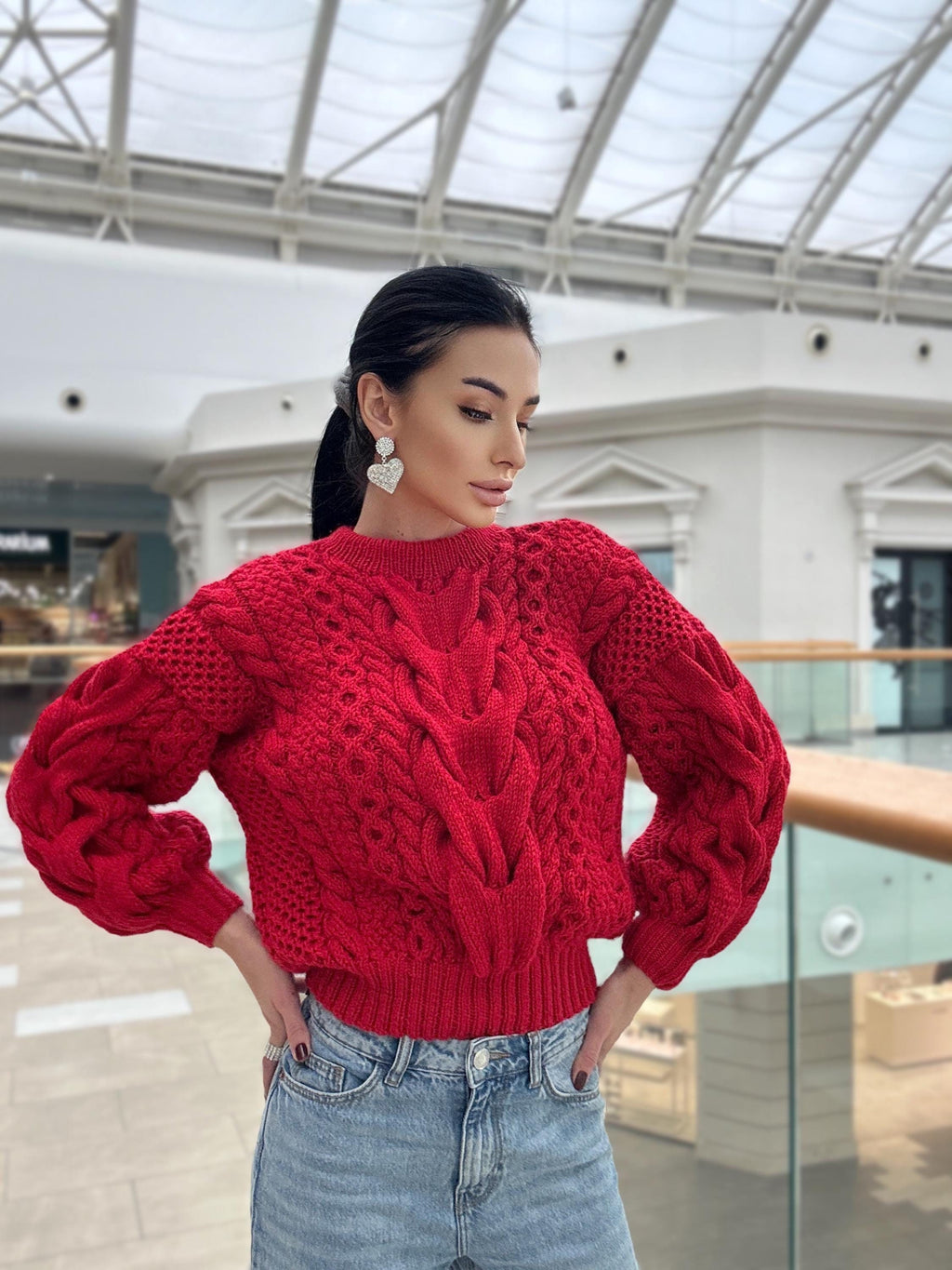 Merino wool red burgundy hand knit braids sweater women Chinky knit oversize jumper Cable Loose knit Oversized Womens Christmas pullover