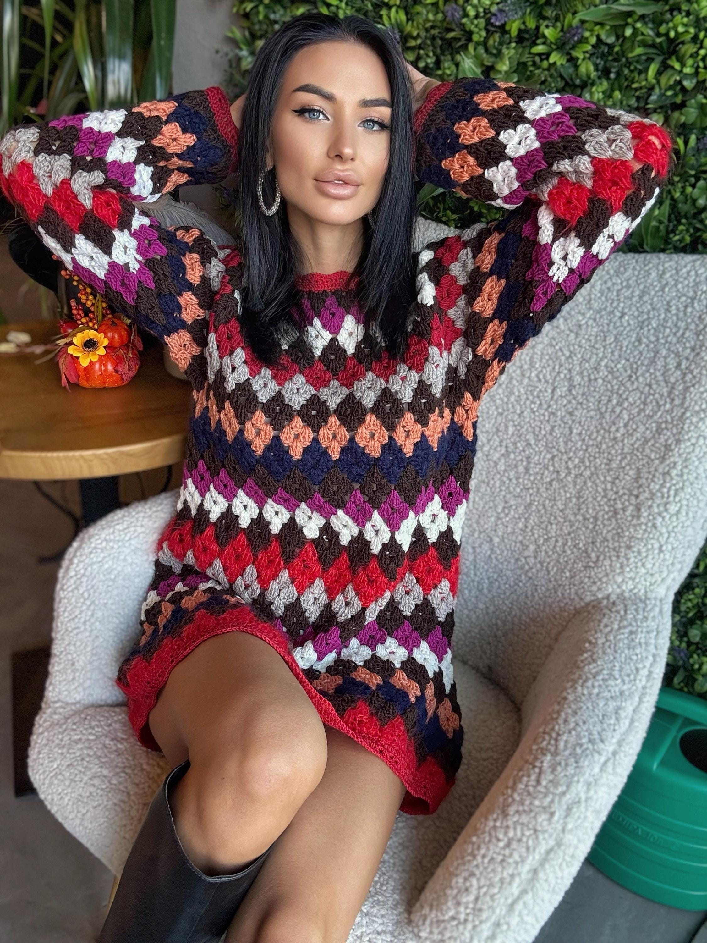 Crochet wool red white striped sweater dress Crochet afghan dress Boho crochet dress Colorful mini dress Vintage Dress Granny square dress
