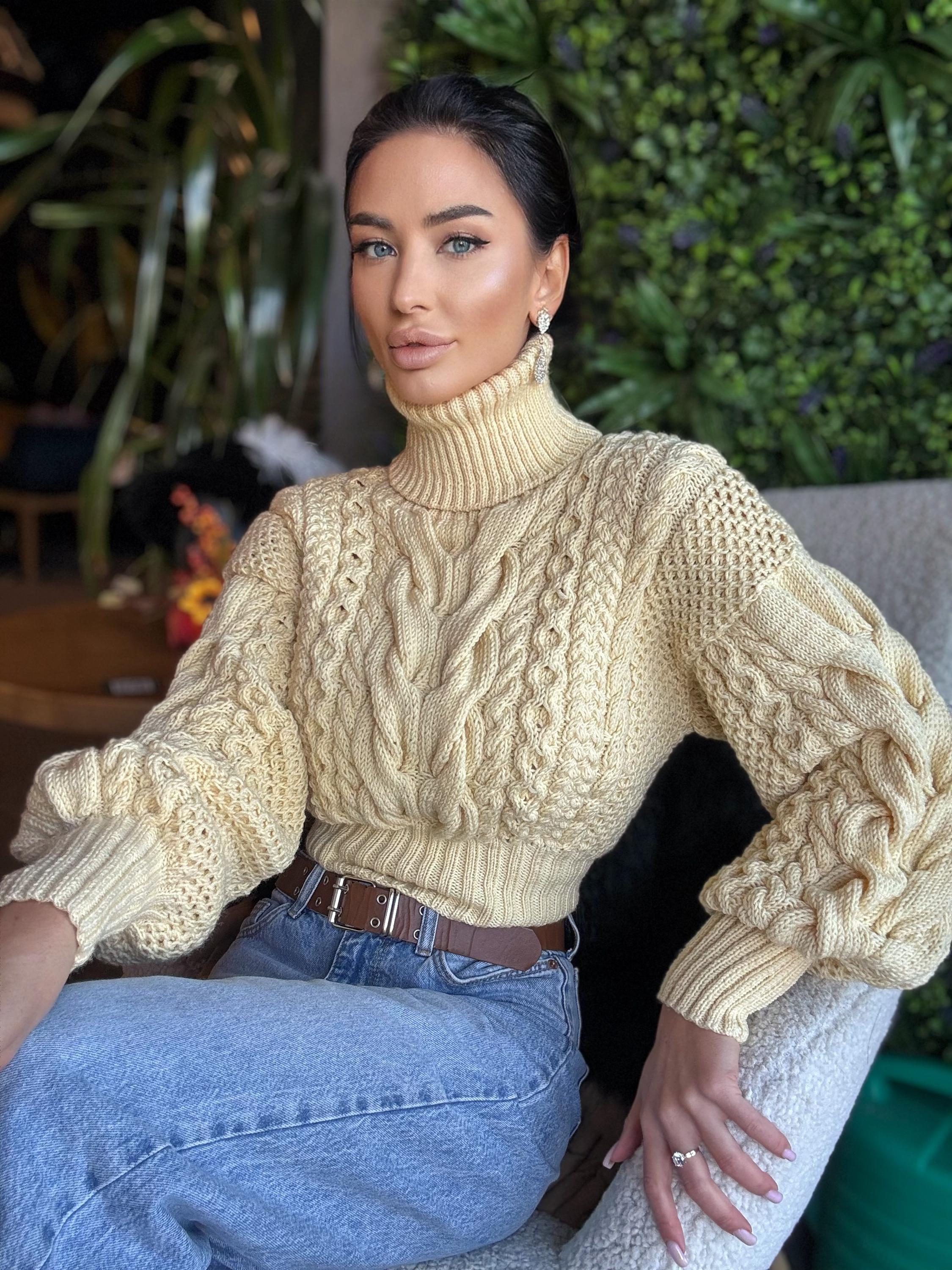 Cropped wool aran cream milk pastel hand knitted sweater Chunky Knit Turtleneck Oversiz Pullover Womens Cable knit merino wool winter jumper