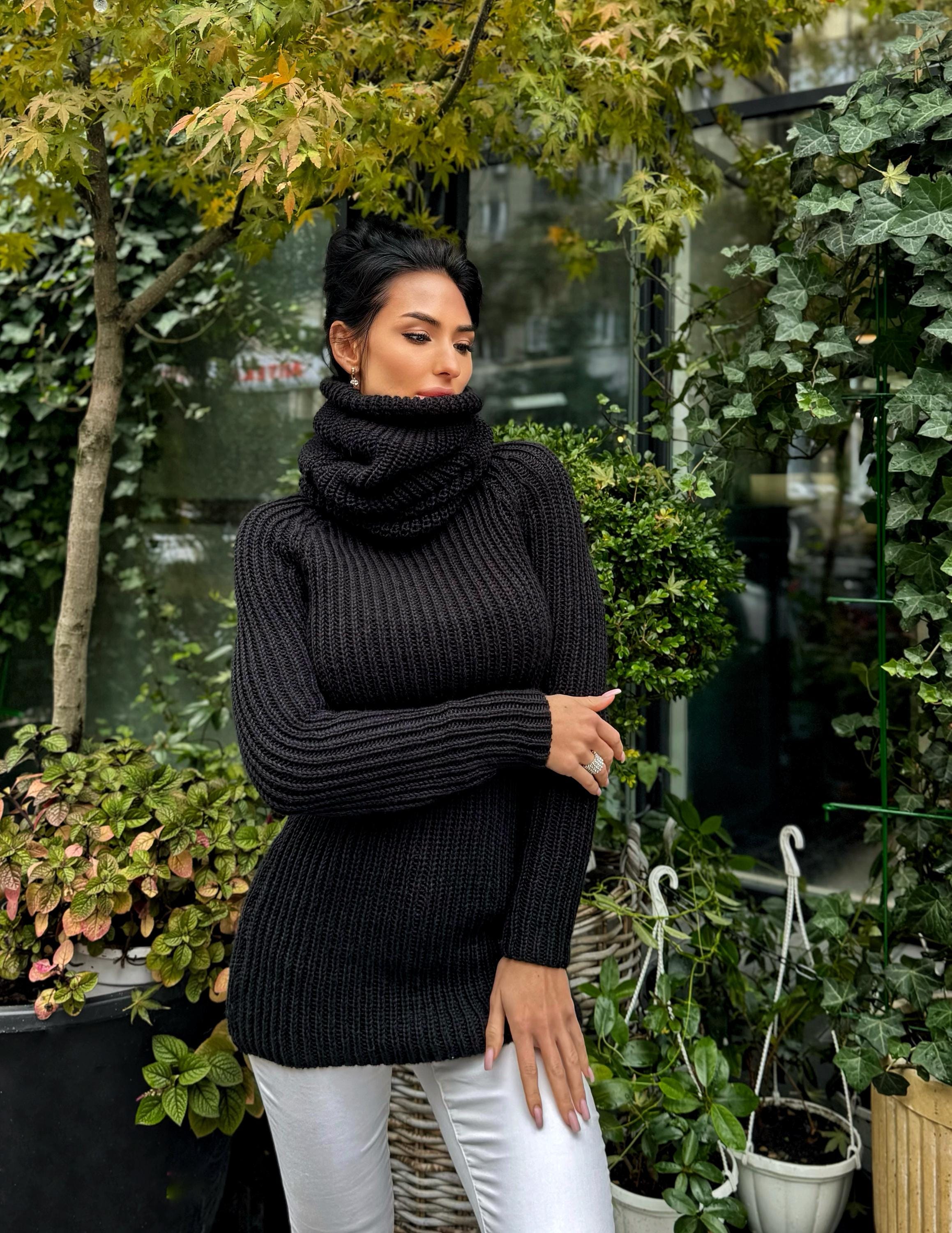 Cable knit black hand knit merino wool big high collar long sweater wool big pullover Chunky knit sweater dress long narrow sleeves