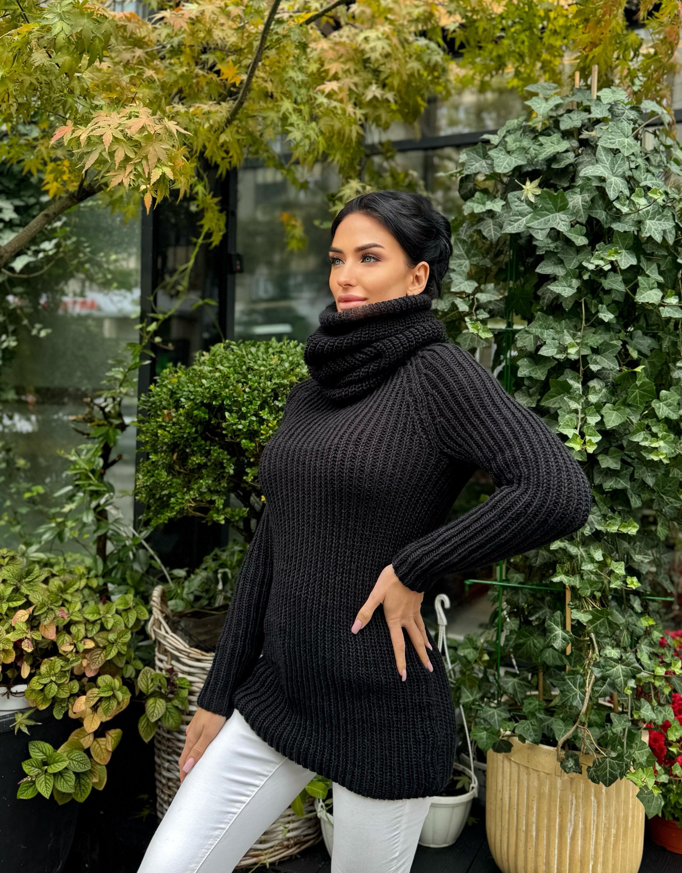 Cable knit black hand knit merino wool big high collar long sweater wool big pullover Chunky knit sweater dress long narrow sleeves