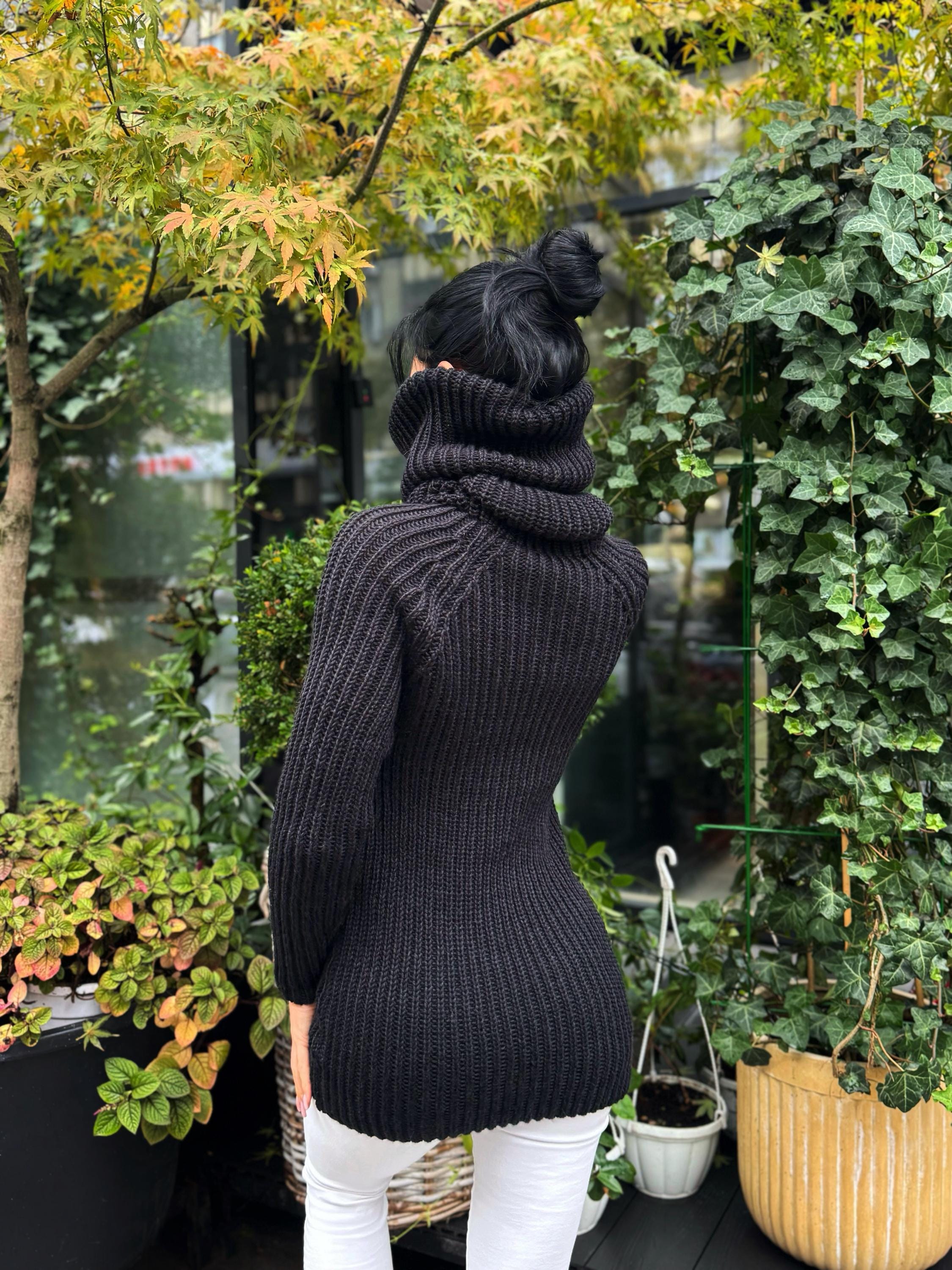 Black hand knit merino wool big collar long sweater turtleneck Cable knit wool big pullover Chunky knit sweater dress long narrow sleeves