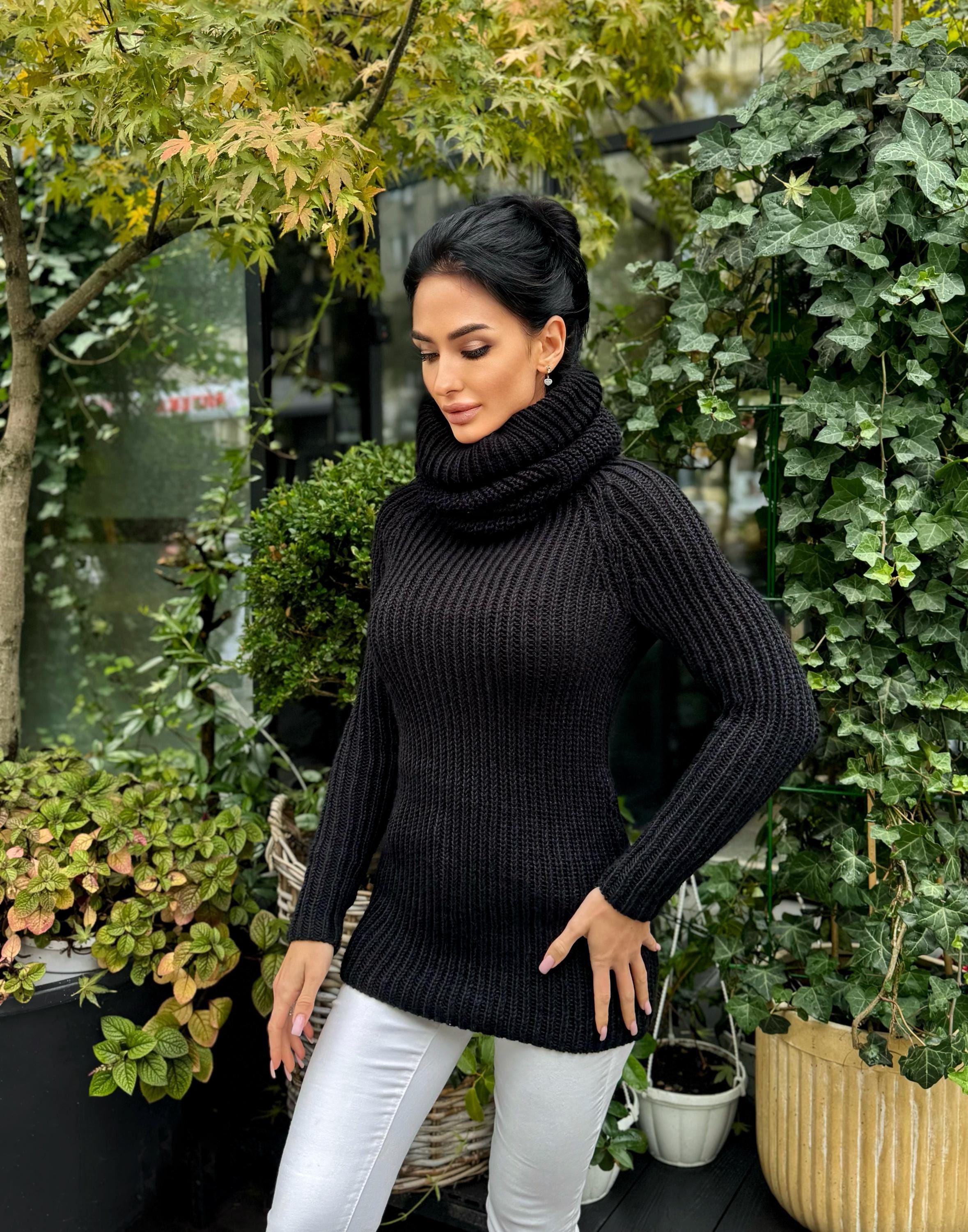 Cable knit black hand knit merino wool big high collar long sweater wool big pullover Chunky knit sweater dress long narrow sleeves
