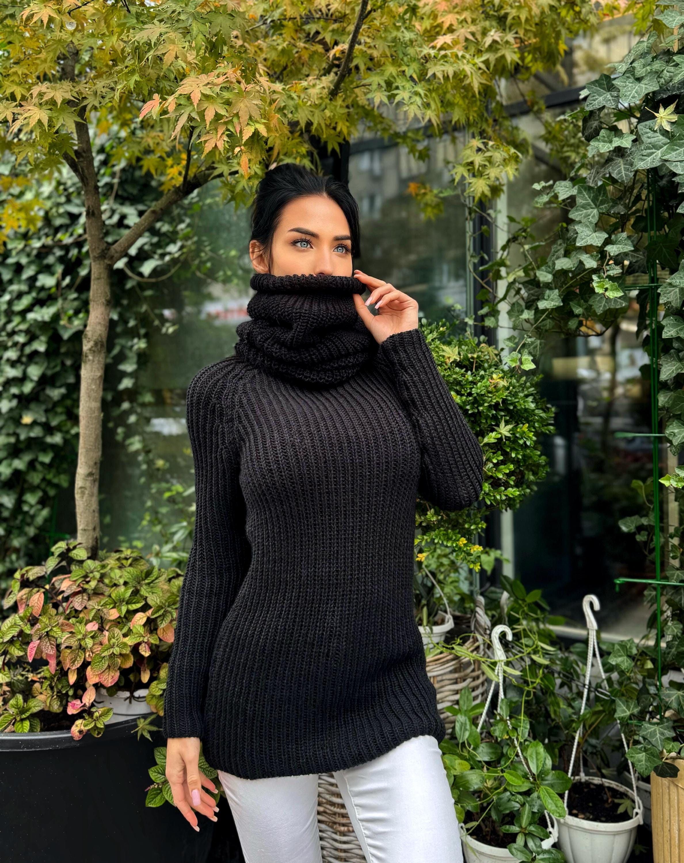 Black hand knit merino wool big collar long sweater turtleneck Cable knit wool big pullover Chunky knit sweater dress long narrow sleeves
