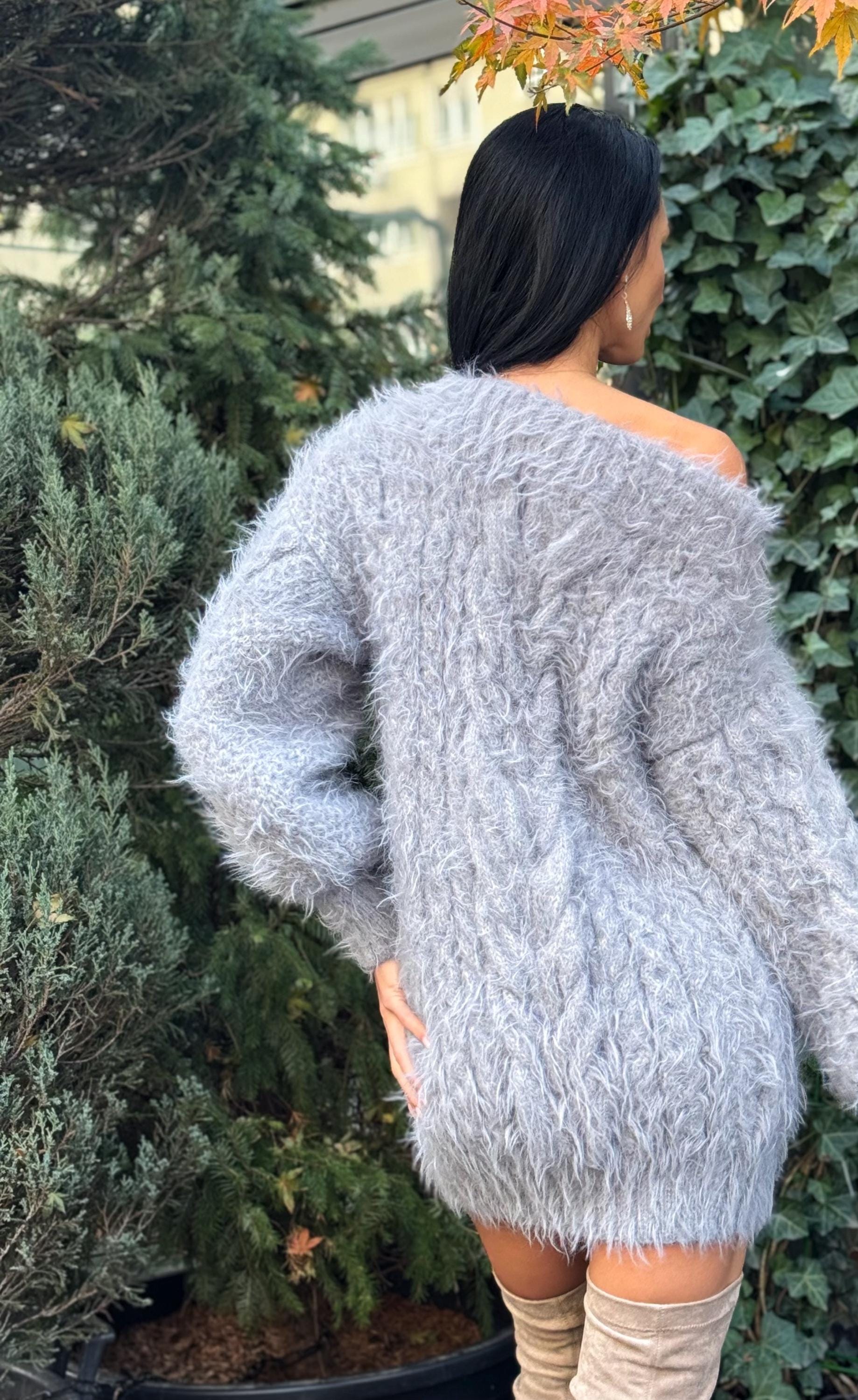 Hand knit Gray Silver fluffy women off shoulder sweater dress Long Cable knit merino wool sweater open shoulders dress Big aran long sweate