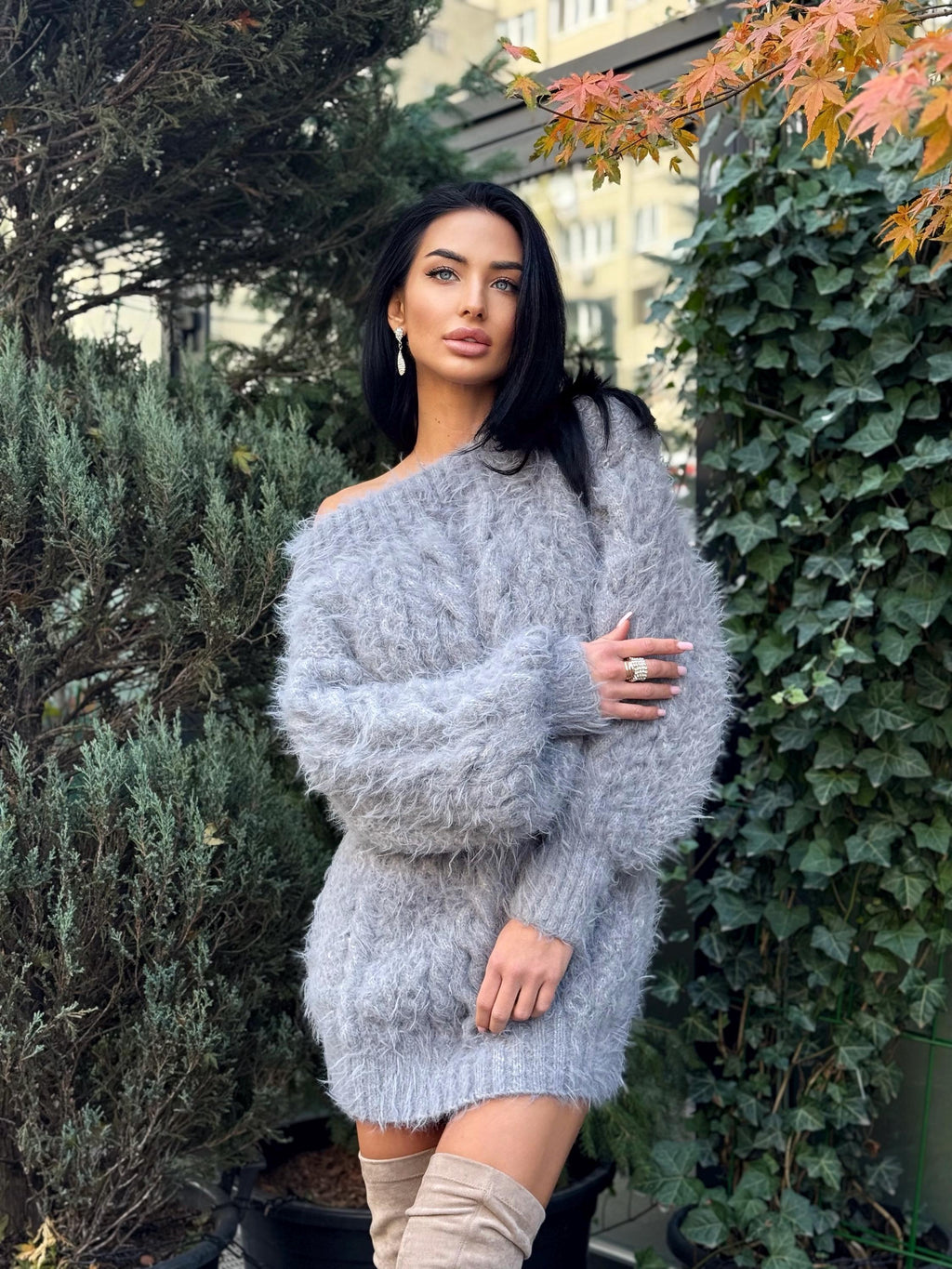 Hand knit Gray Silver fluffy women off shoulder sweater dress Long Cable knit merino wool sweater open shoulders dress Big aran long sweate
