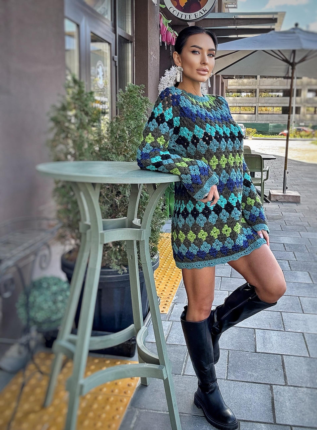 Crochet wool green knit striped sweater dress Crochet afghan dress Boho crochet dress Colorful mini dress Vintage Dress Granny square dress