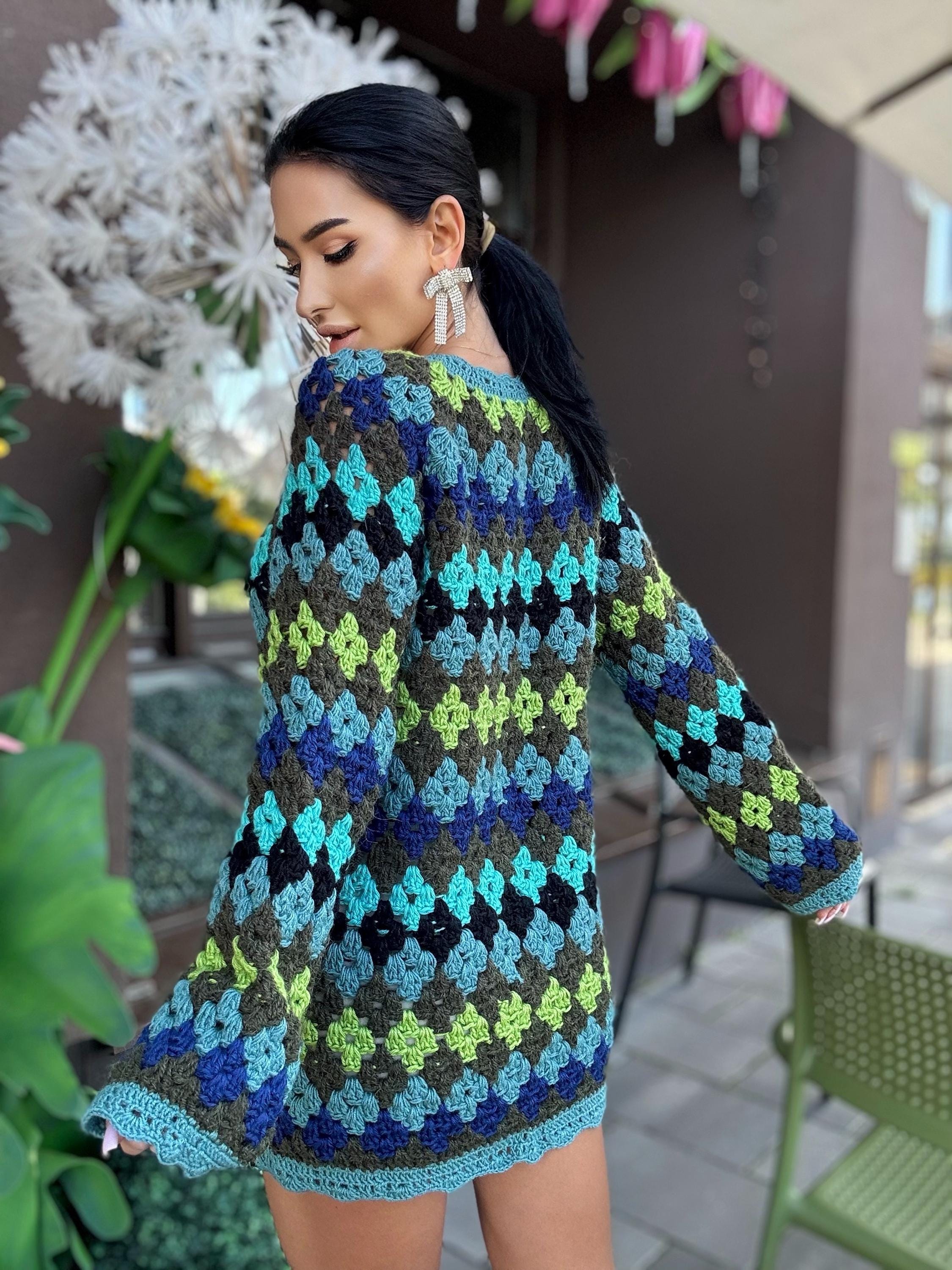 Crochet wool green knit striped sweater dress Crochet afghan dress Boho crochet dress Colorful mini dress Vintage Dress Granny square dress