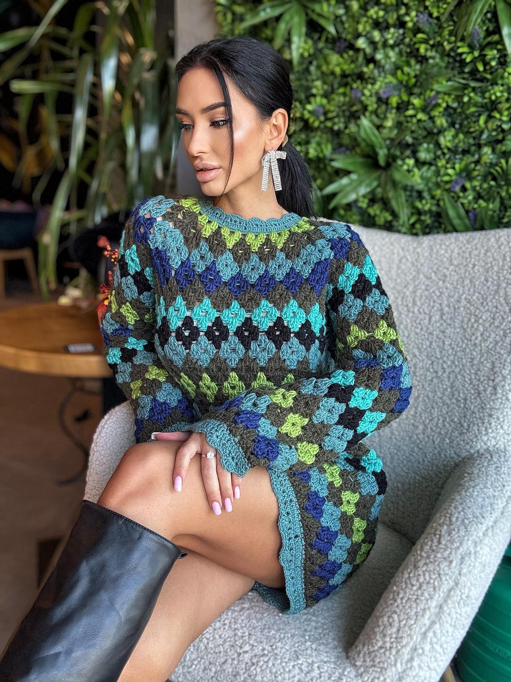 Crochet wool green knit striped sweater dress Crochet afghan dress Boho crochet dress Colorful mini dress Vintage Dress Granny square dress
