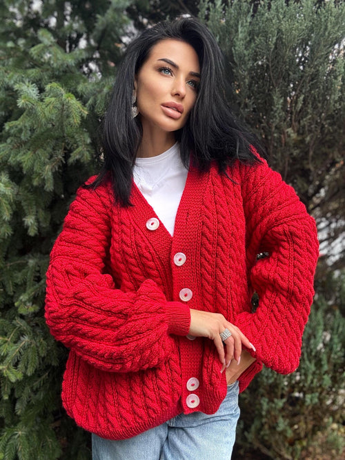 Cable knit braids Red merino wool cardigan on buttons Hand knit oversize fall sweater Chunky knit сozy cardigan knitted jacket puff sleeves