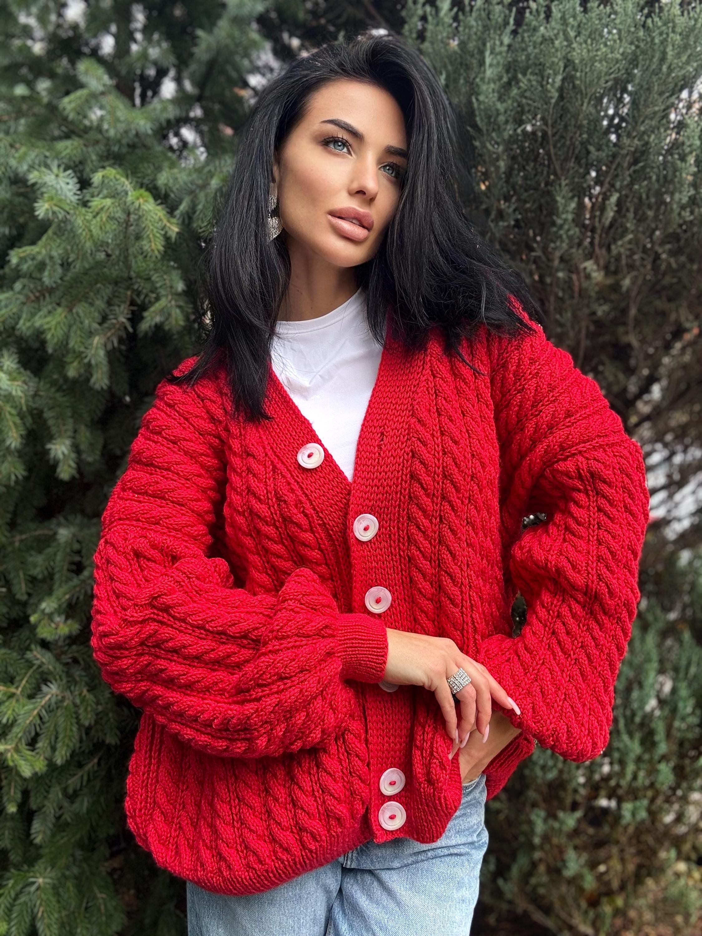 Cable knit braids Red merino wool cardigan on buttons Hand knit oversize fall sweater Chunky knit сozy cardigan knitted jacket puff sleeves