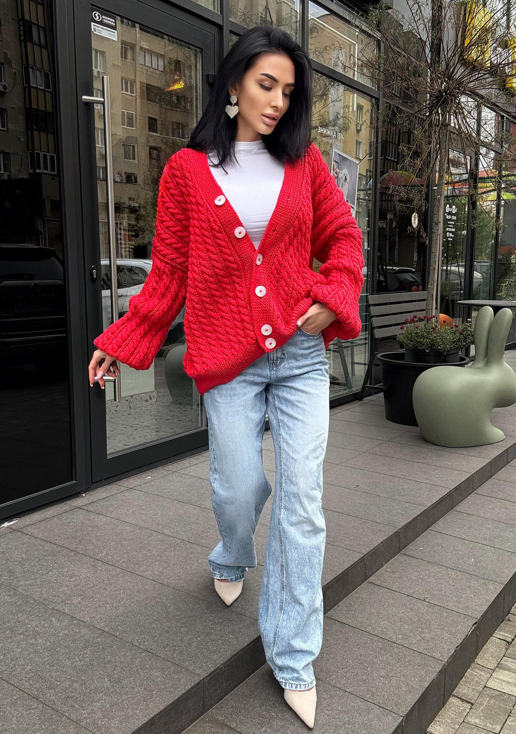 Cable knit braids Red merino wool cardigan on buttons Hand knit oversize fall sweater Chunky knit сozy cardigan knitted jacket puff sleeves