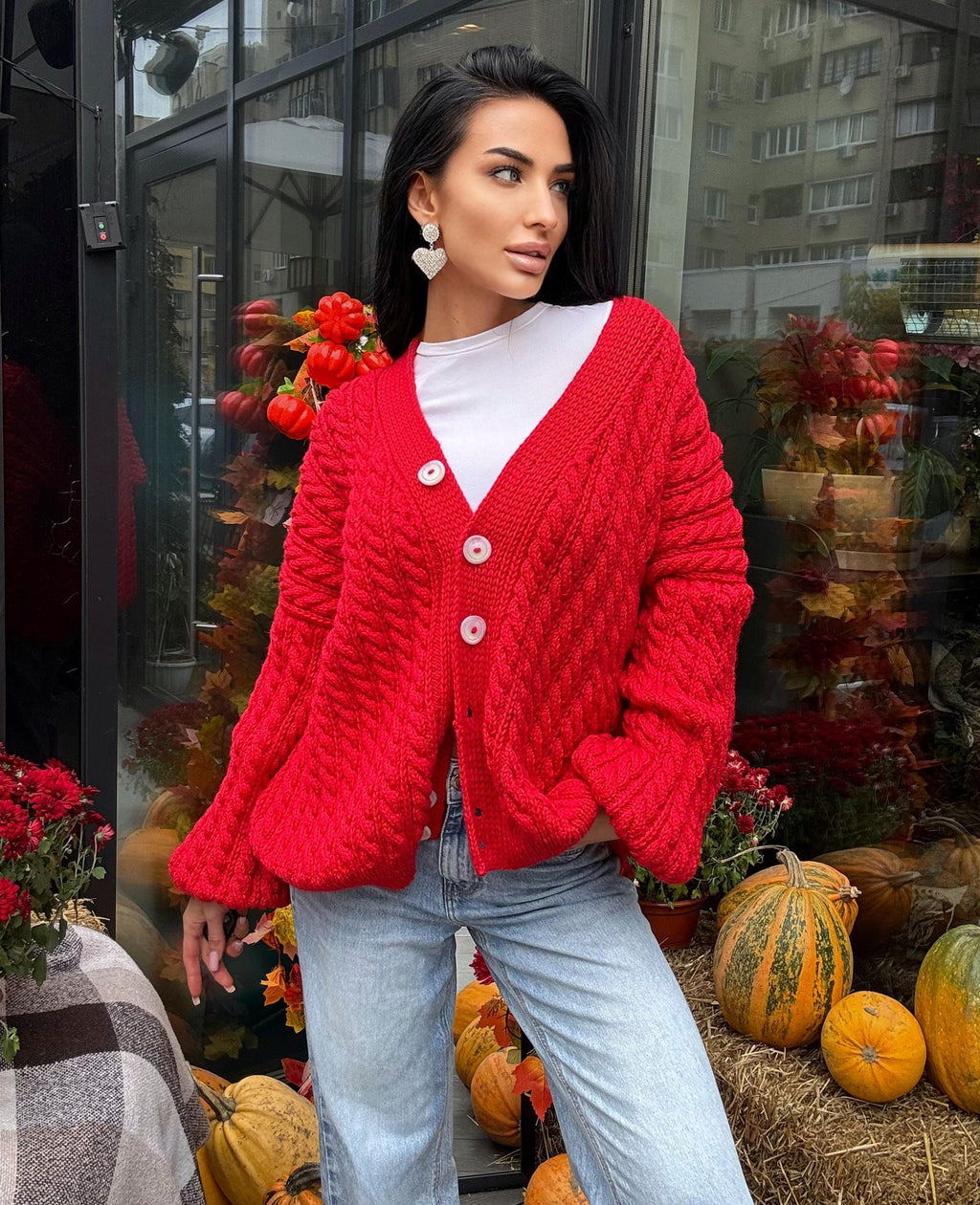 Cable knit braids Red merino wool cardigan on buttons Hand knit oversize fall sweater Chunky knit сozy cardigan knitted jacket puff sleeves
