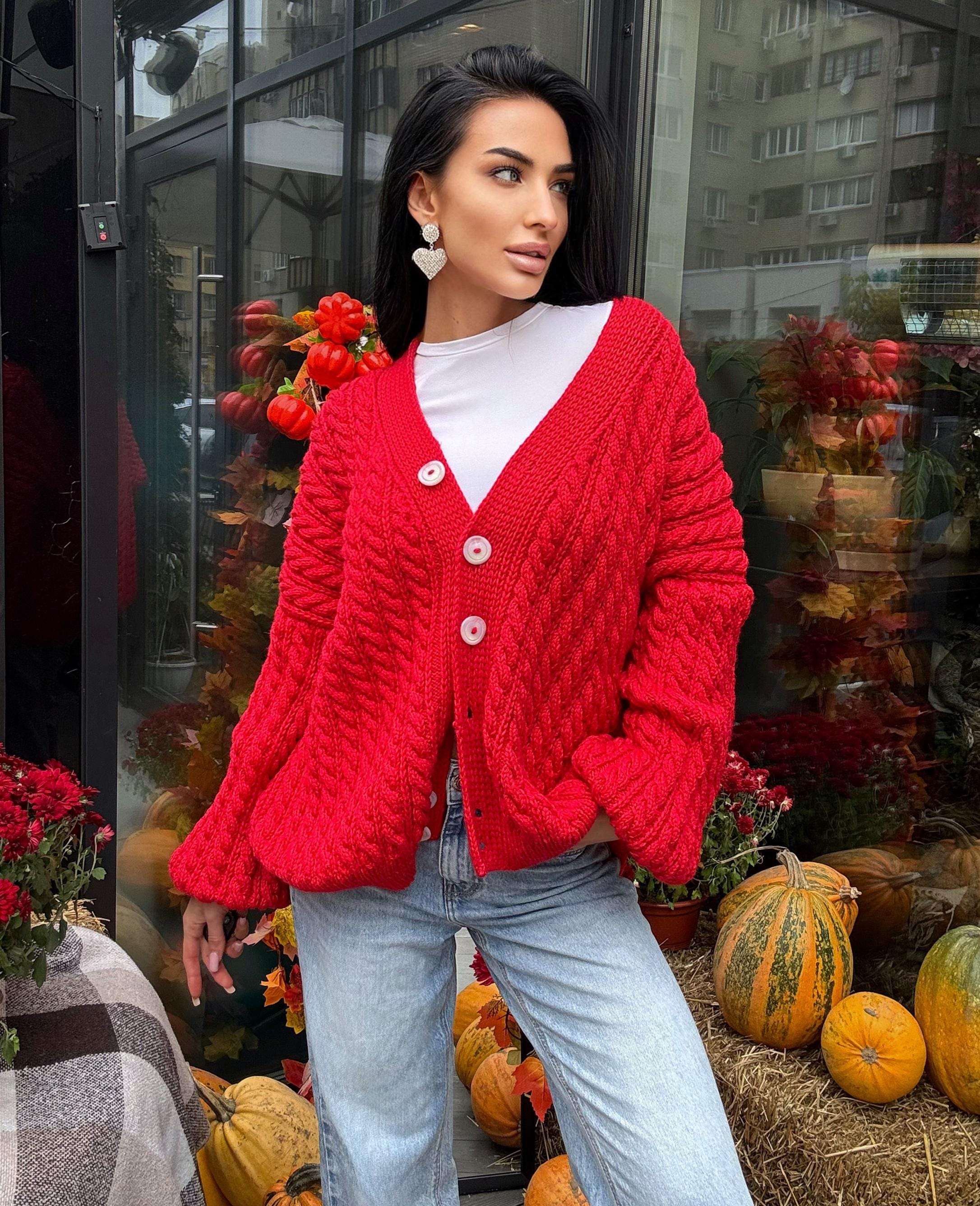 Cable knit braids Red merino wool cardigan on buttons Hand knit oversize fall sweater Chunky knit сozy cardigan knitted jacket puff sleeves