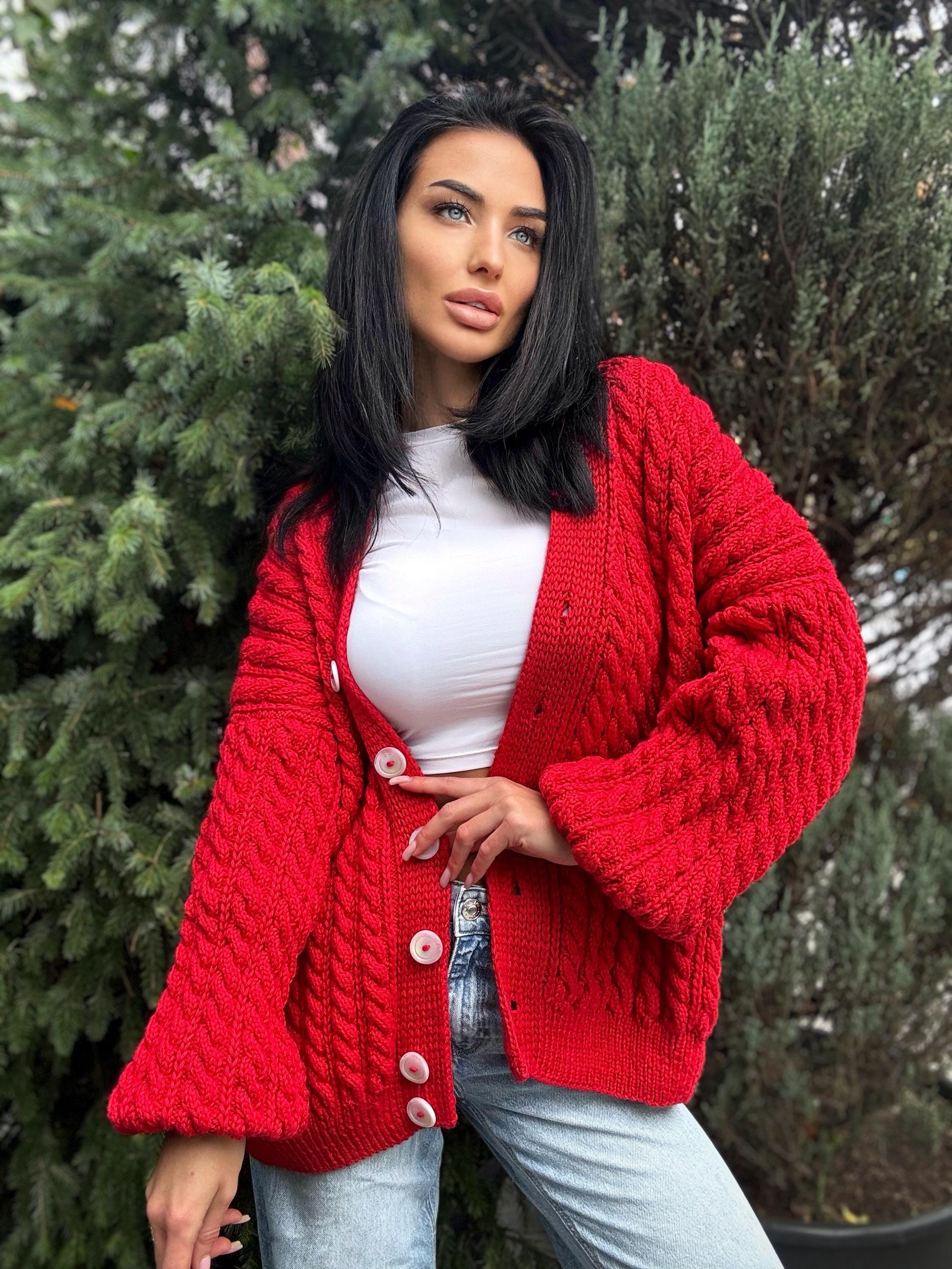 Cable knit braids Red merino wool cardigan on buttons Hand knit oversize fall sweater Chunky knit сozy cardigan knitted jacket puff sleeves