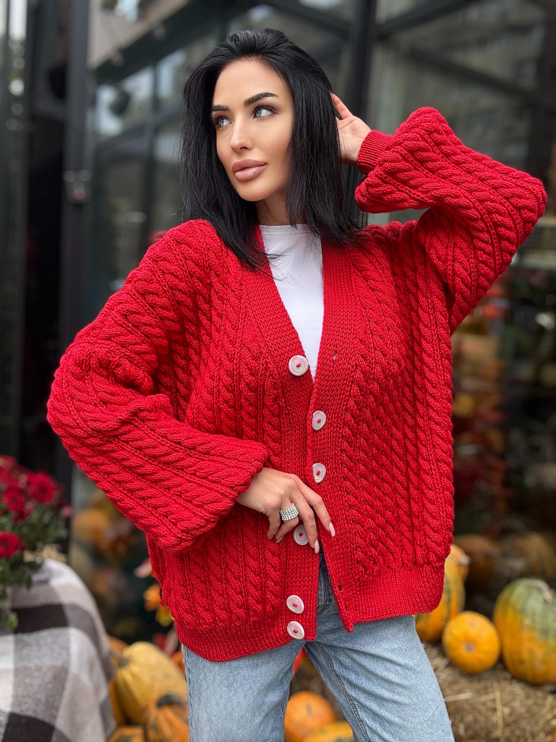 Cable knit braids Red merino wool cardigan on buttons Hand knit oversize fall sweater Chunky knit сozy cardigan knitted jacket puff sleeves