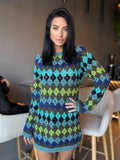 Crochet wool green knit striped sweater dress Crochet afghan dress Boho crochet dress Colorful mini dress Vintage Dress Granny square dress