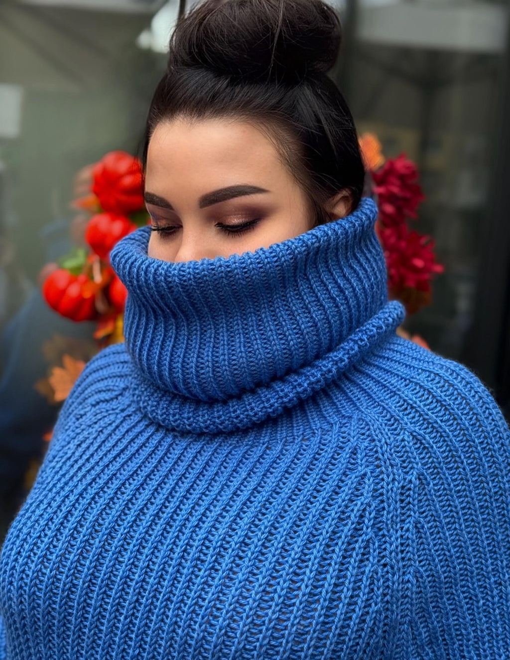 Hand knit blue high collar long wool turtleneck dress Cable Knit wseater wool pullover Womens Chunky knit big collar sweater dress Plus size