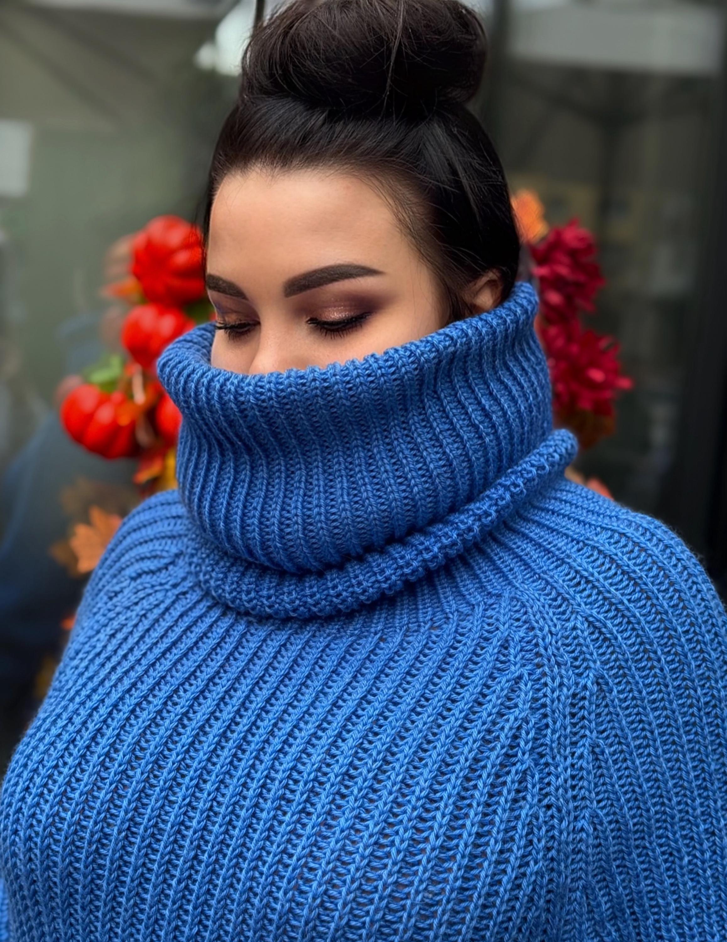 Hand knit blue high collar long wool turtleneck dress Cable Knit wseater wool pullover Womens Chunky knit big collar sweater dress Plus size