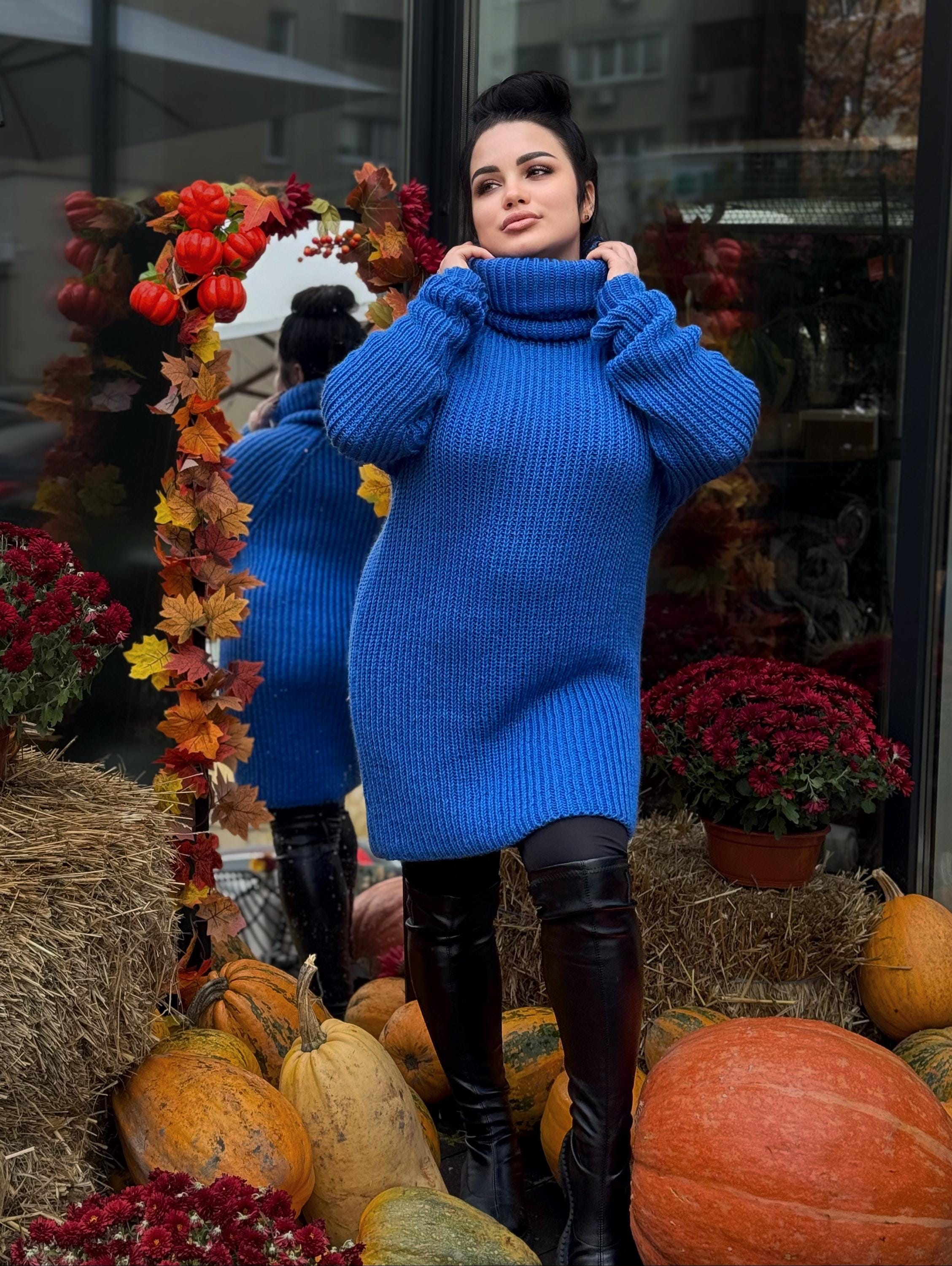 Hand knit blue high collar long wool turtleneck dress Cable Knit wseater wool pullover Womens Chunky knit big collar sweater dress Plus size