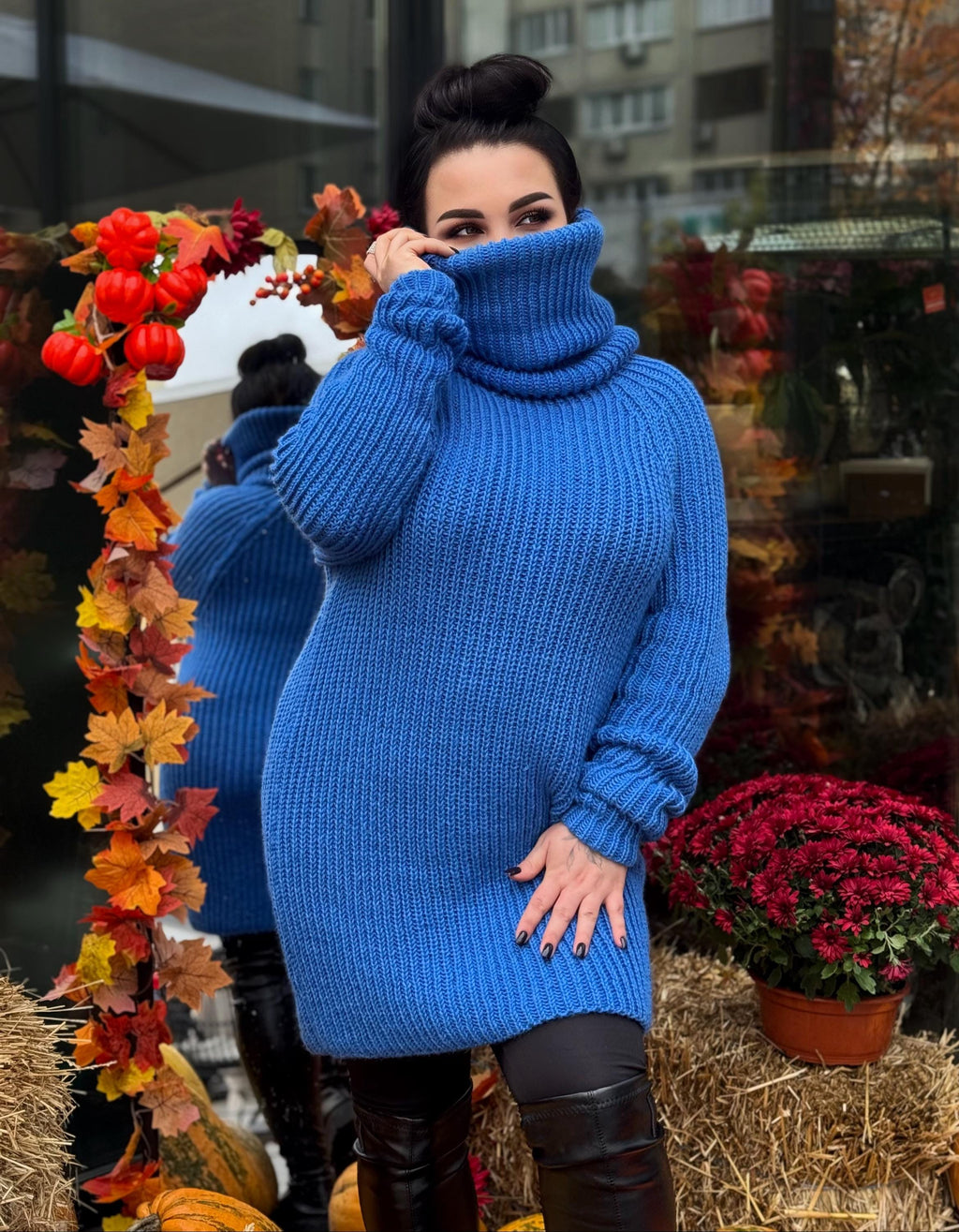 Blue hand knit big high collar long sleeves wool sweater Cable Knit Turtleneck wool pullover Womens Chunky knit sweater dress Plus size