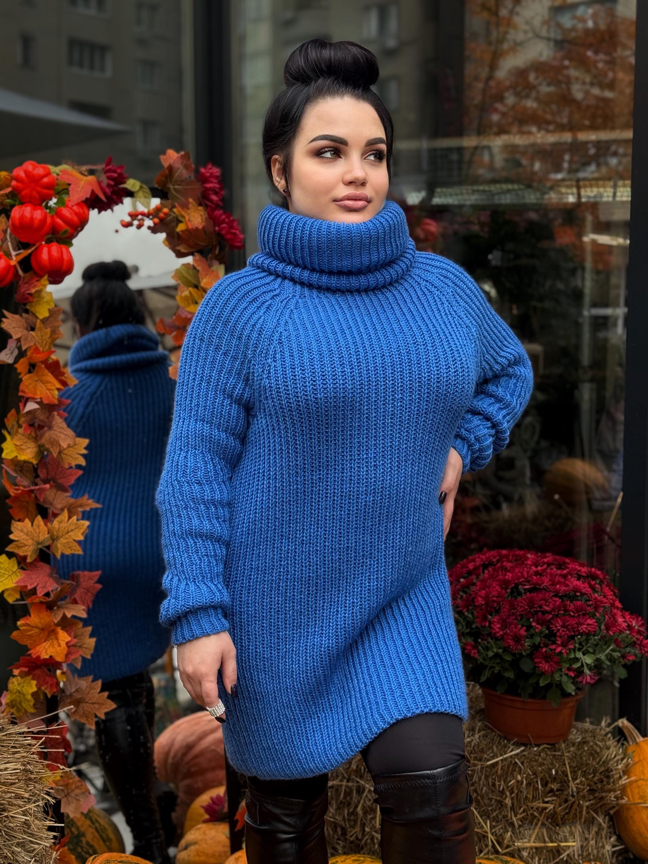 Hand knit blue high collar long wool turtleneck dress Cable Knit wseater wool pullover Womens Chunky knit big collar sweater dress Plus size